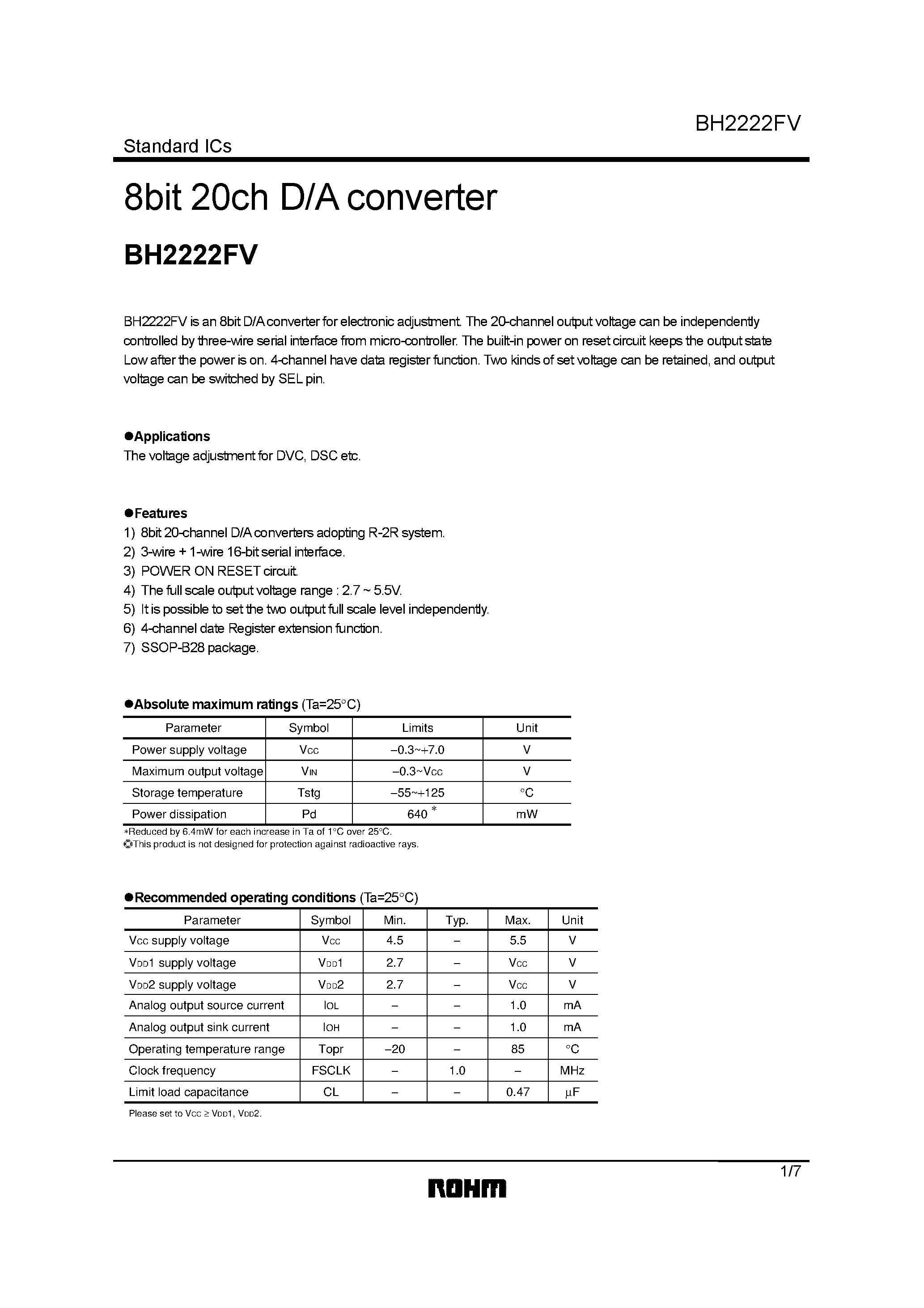 Даташит на микросхему BH2222FV страница 1 Даташит BH2222FV - 8bit 20ch D/A converter страница 1