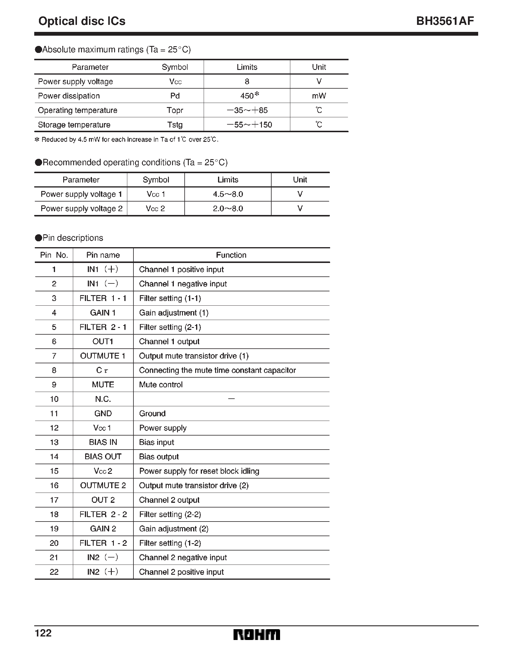 Даташит BH3561AF - Post amplifier applicable with 1-bit D / A converter страница 2