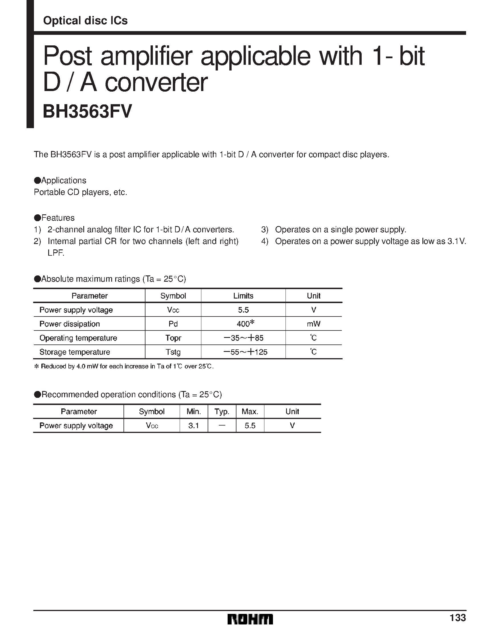 Даташит BH3563FV - Post amplifier applicable with 1- bit D / A converter страница 1