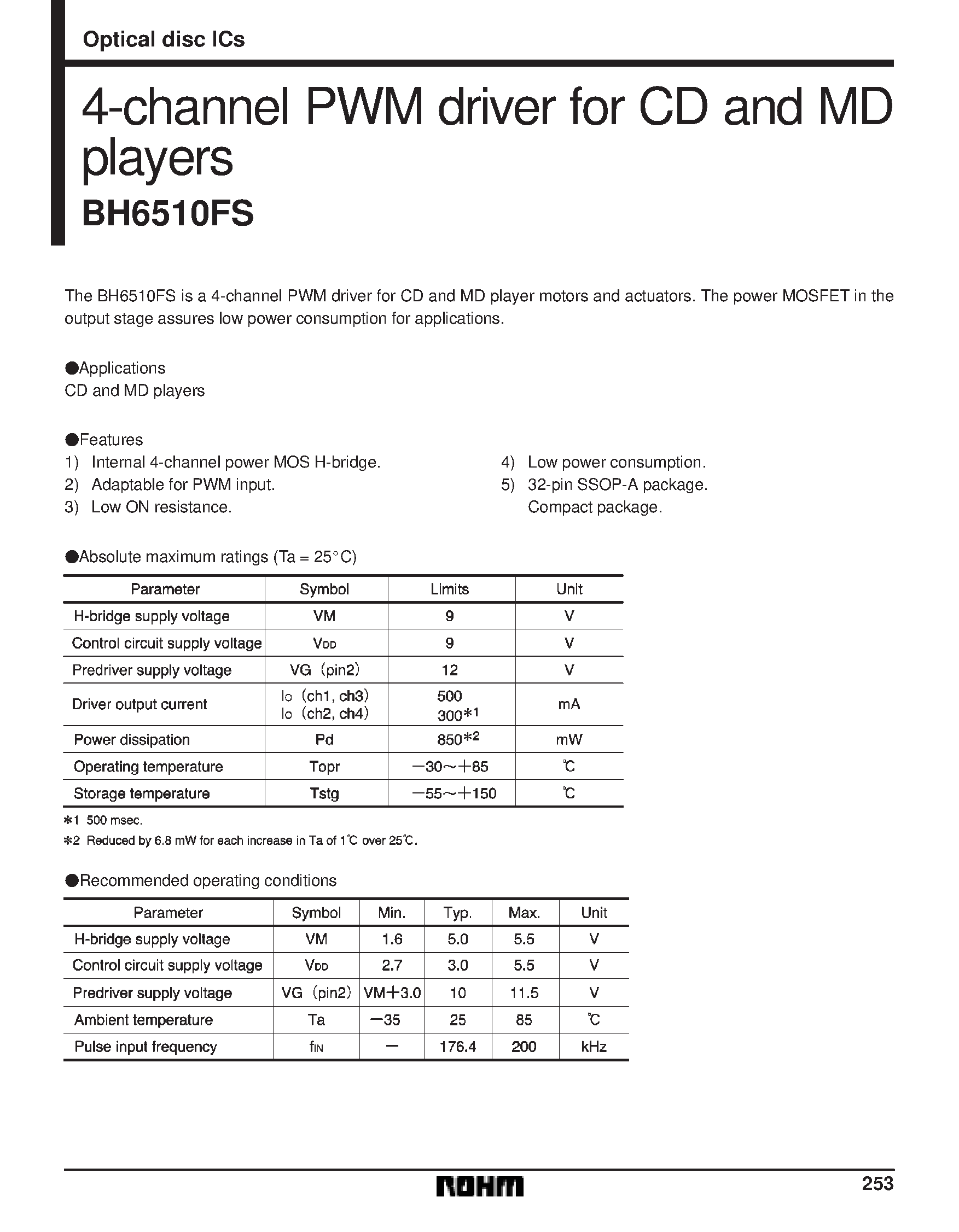 Datasheet BH6510FS - 4-channel PWM driver for CD and MD players page 1