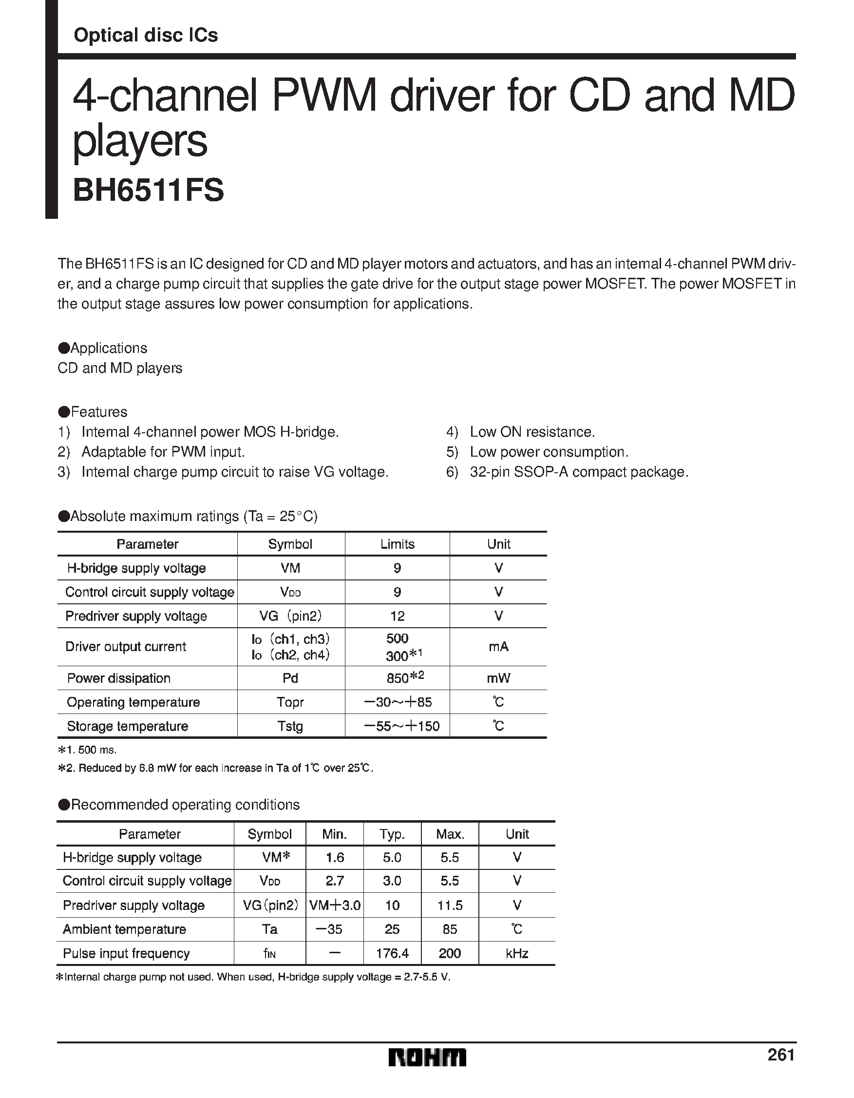 Datasheet BH6511FS - 4-channel PWM driver for CD and MD players page 1