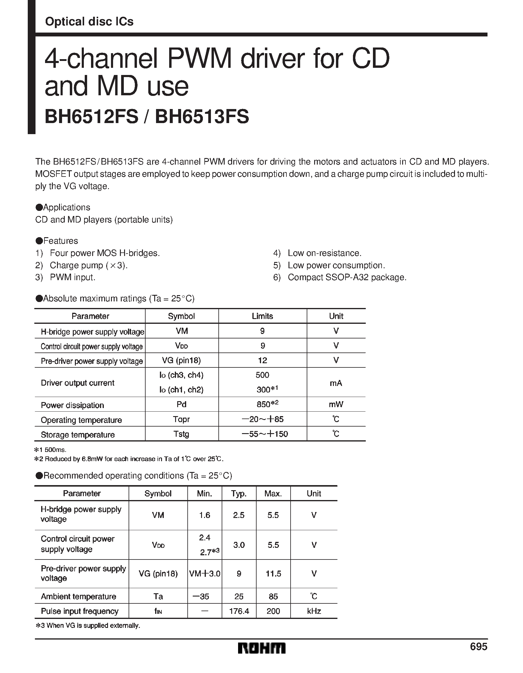 Datasheet BH6513FS - 4-channel PWM driver for CD and MD use page 1