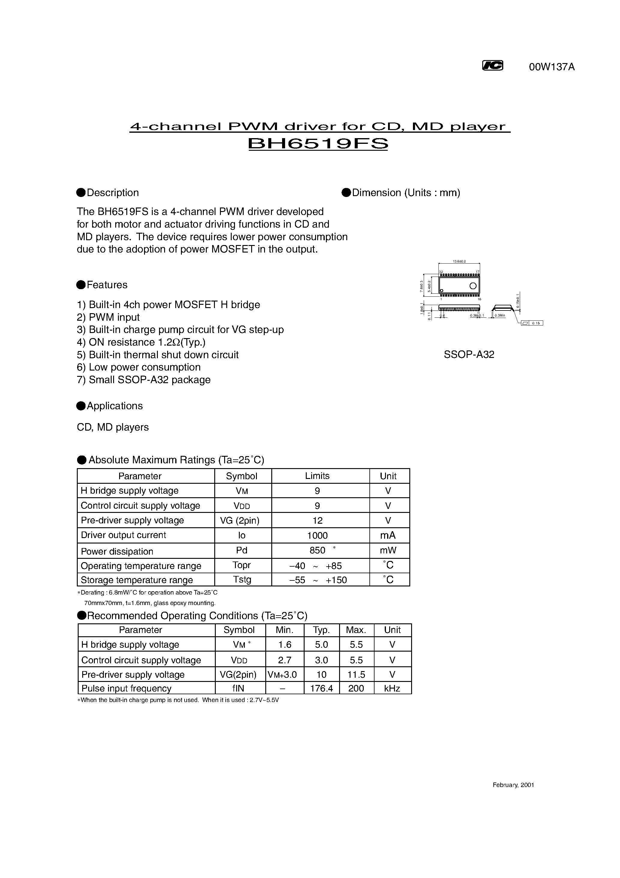 Datasheet BH6519FS - 4-channel PWM driver for CD/ MD player page 1