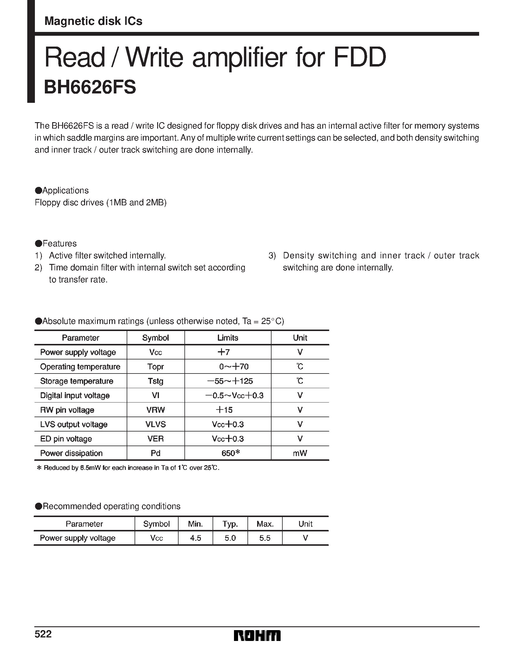 Datasheet BH6626FS - Read /Write amplifier for FDD page 1