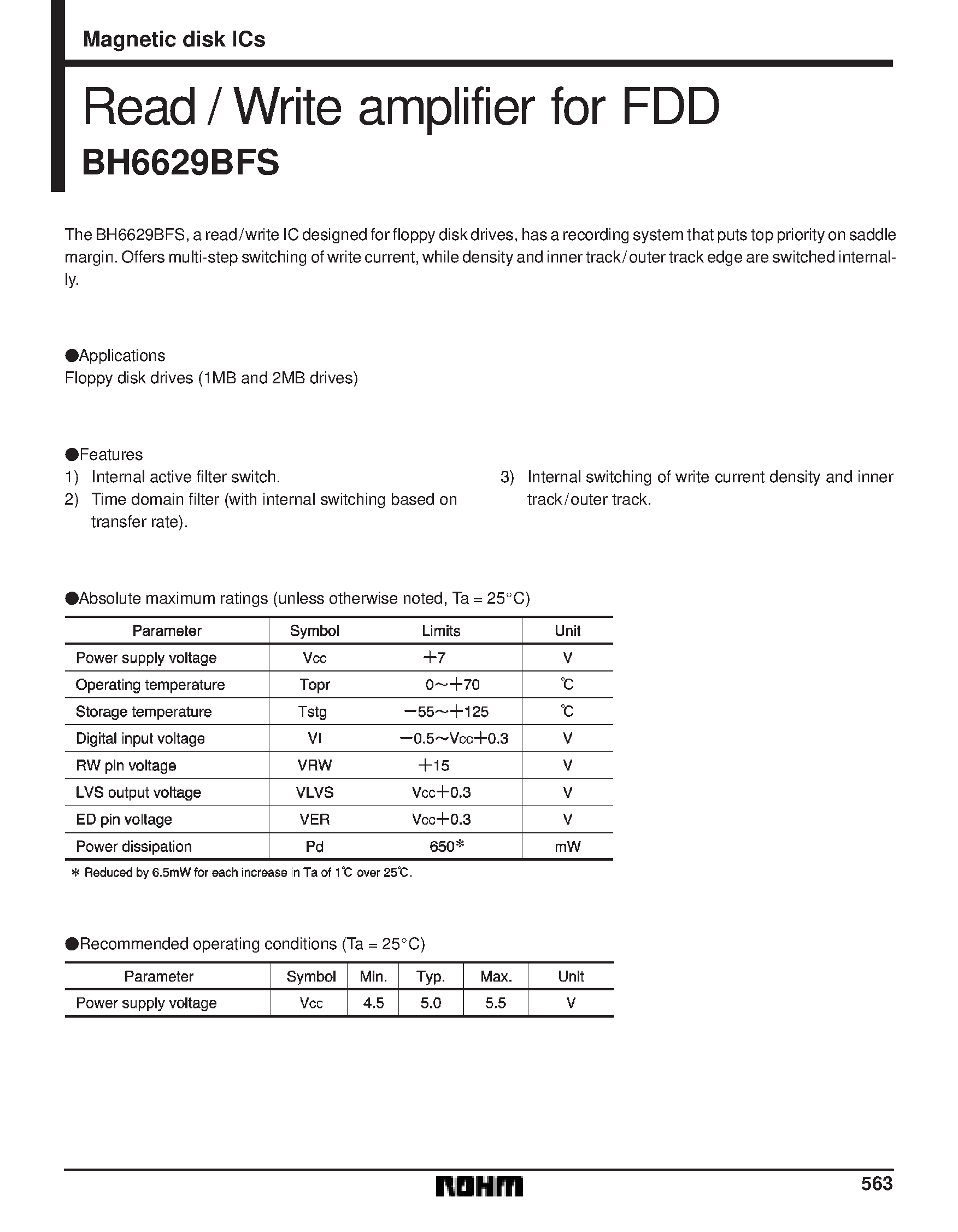 Datasheet BH6629BFS page 1 Datasheet BH6629BFS - Read /Write amplifier for FDD page 1