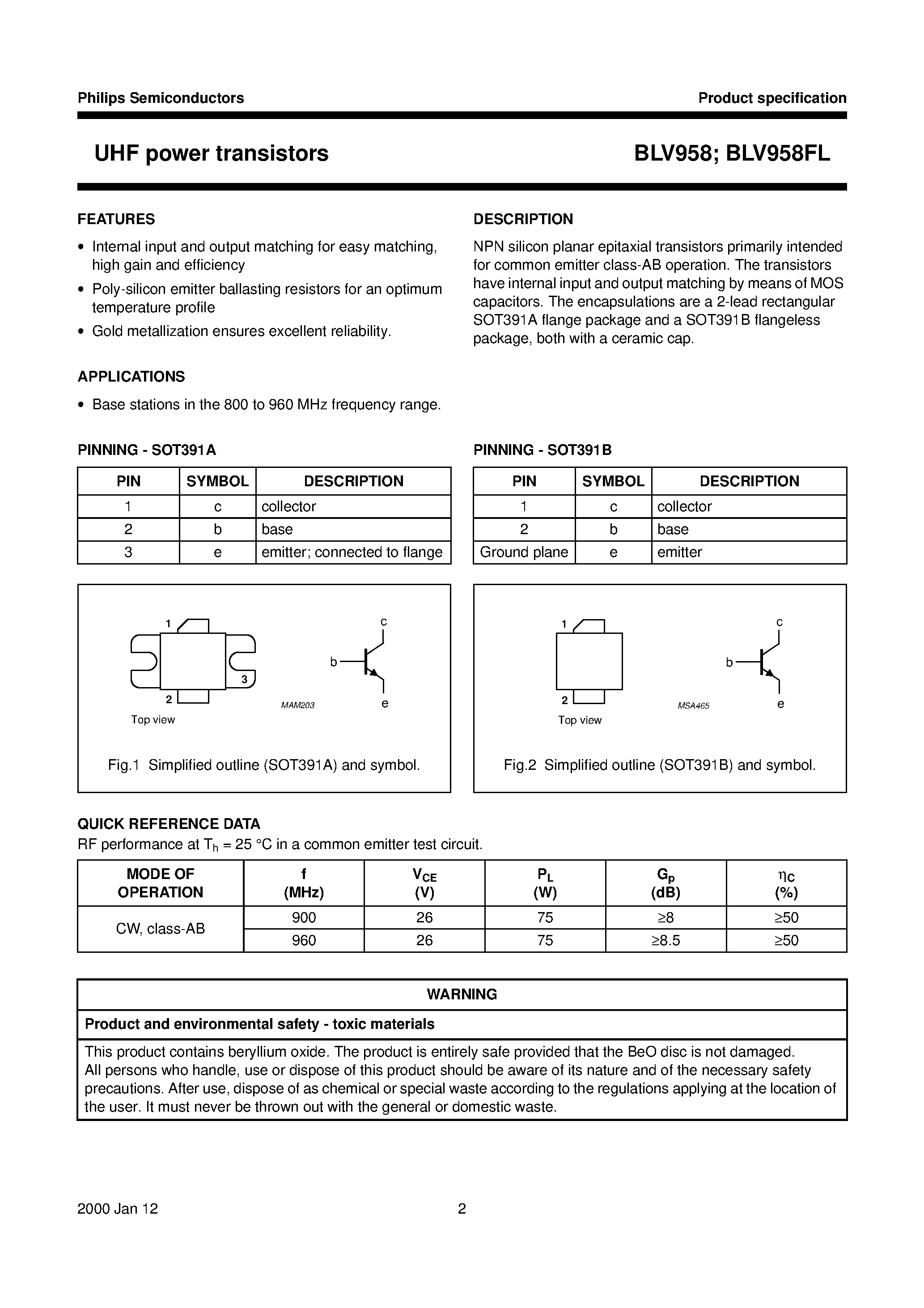 Даташит BLV958FL - UHF power transistors страница 2