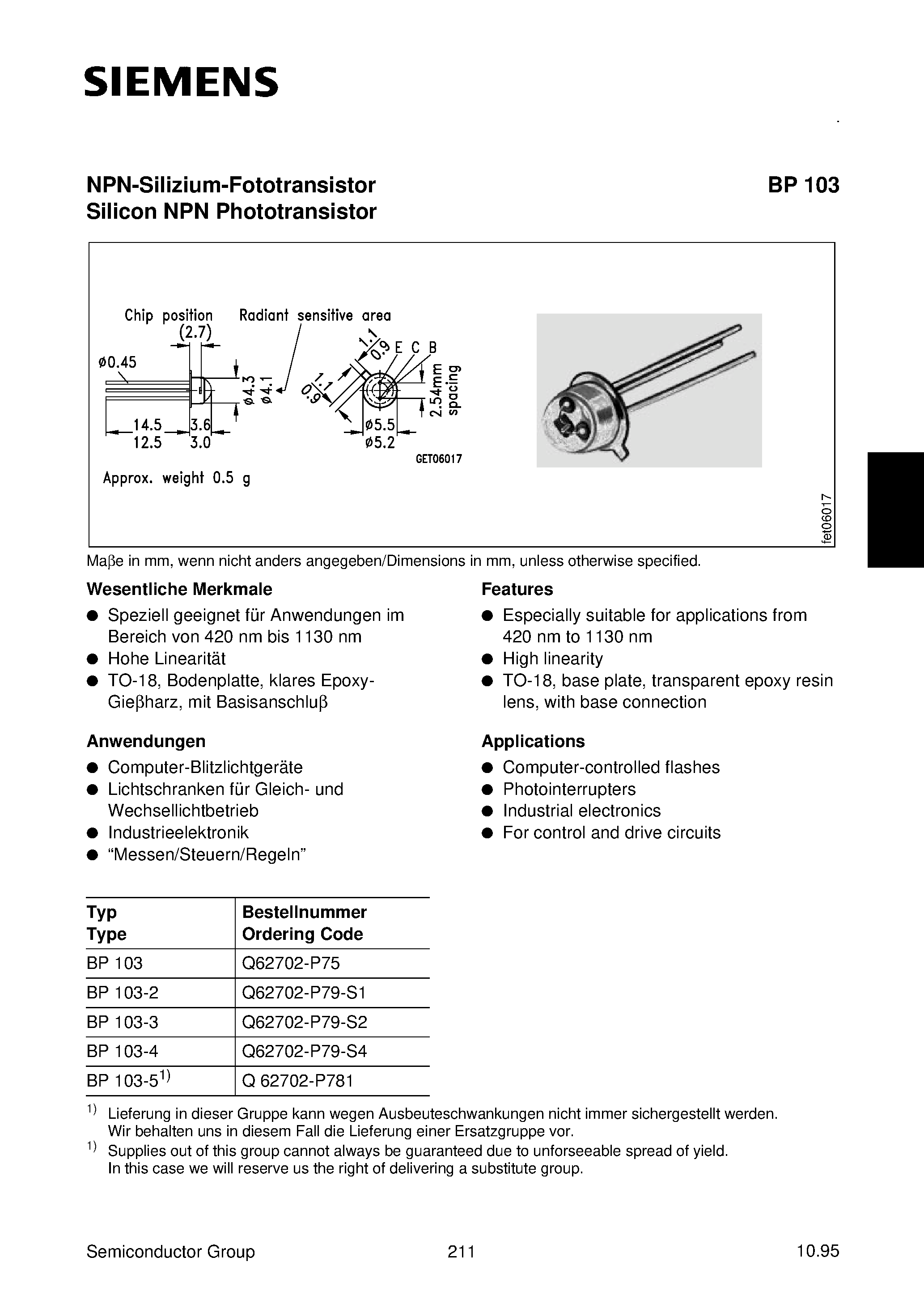 Datasheet BP103-3 - NPN-Silizium-Fototransistor Silicon NPN Phototransistor page 1