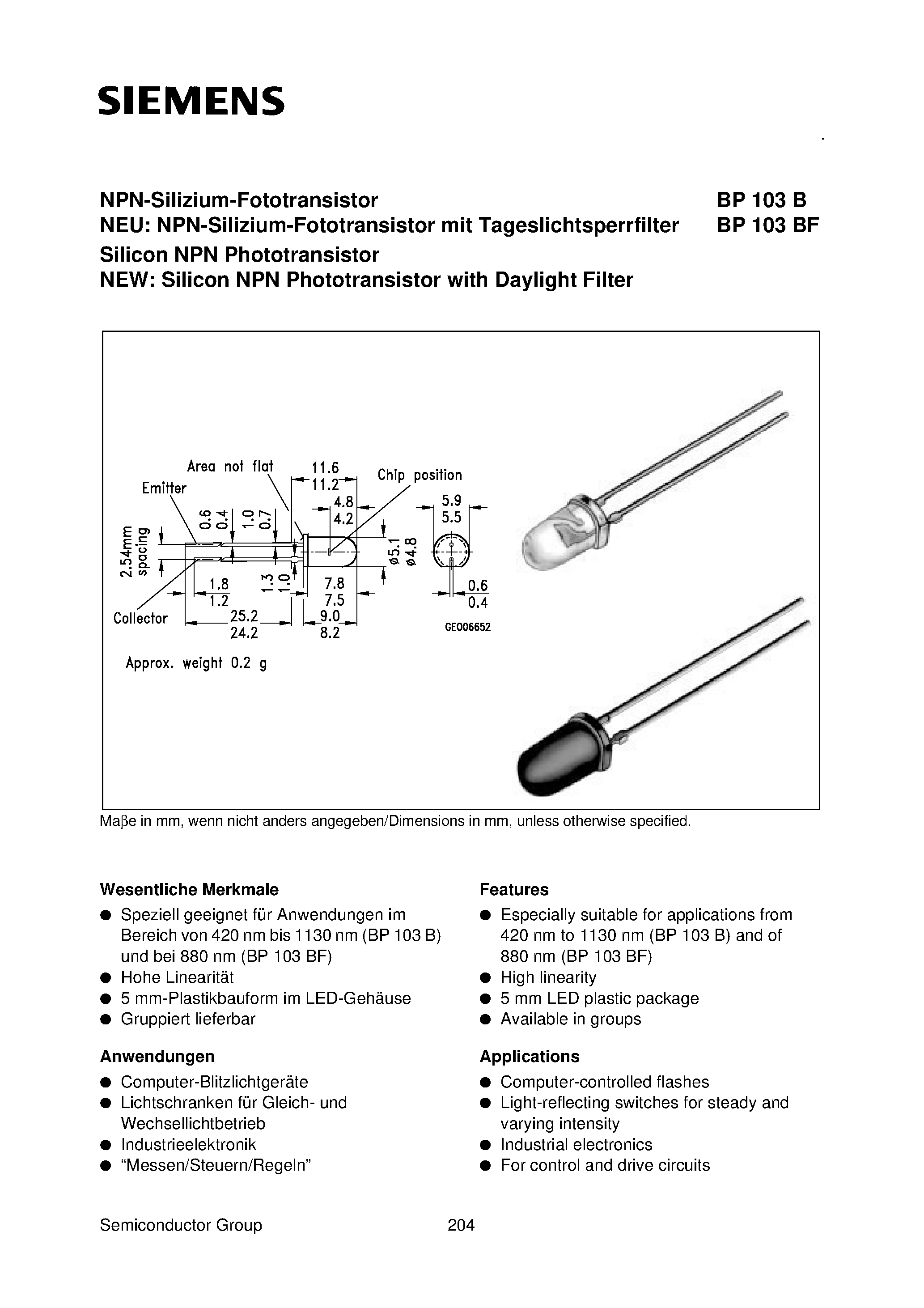 Datasheet BP103B-4 - .NPN-Silizium-Fototransistor Silicon NPN Phototransistor page 1
