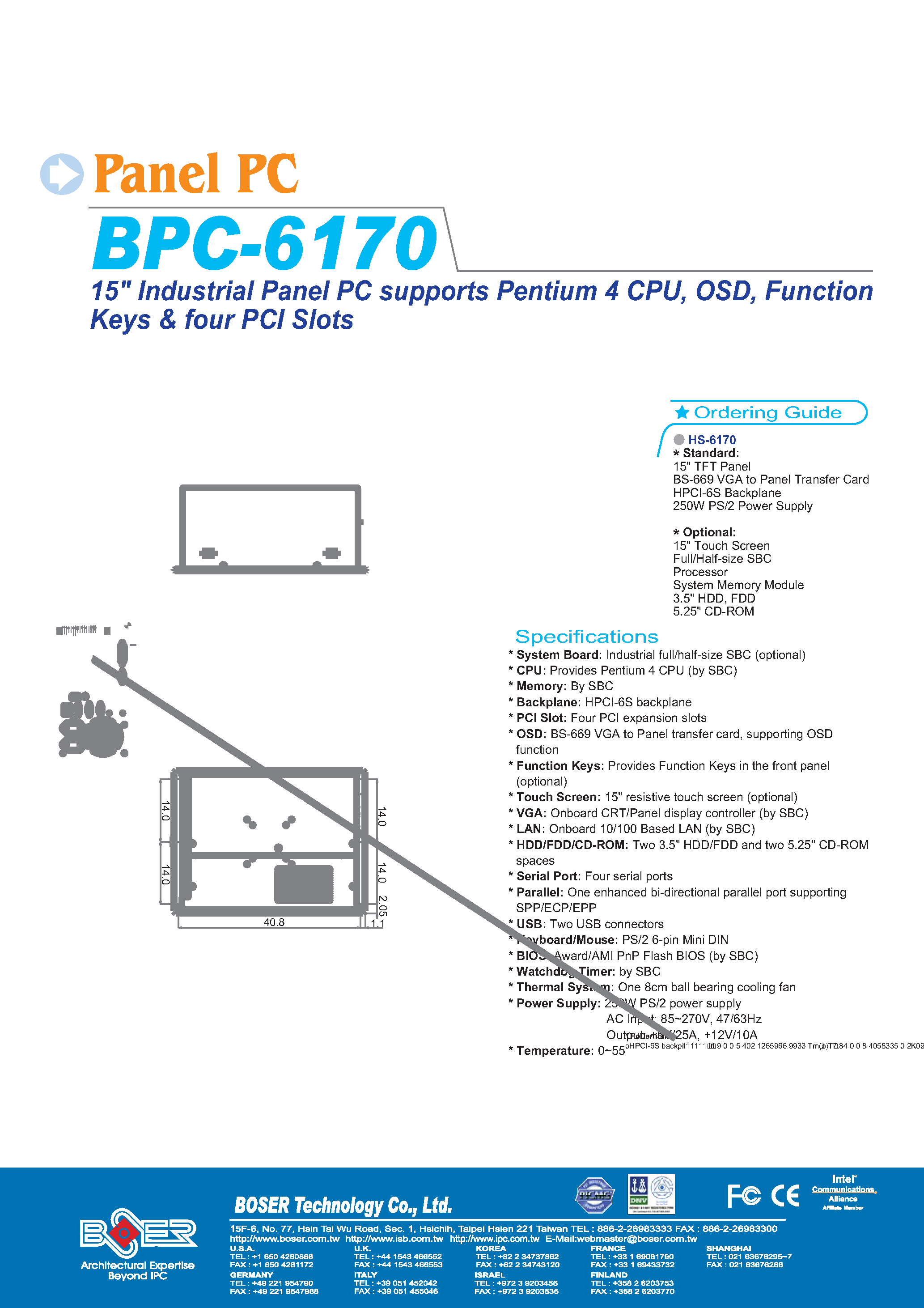 Datasheet BPC-6170 - INDUSTRIAL PANEL PC SUPPORTS PENTIUM 4 CPU OSD FUNCTION KEYS FOUR PCI SLOTS page 1