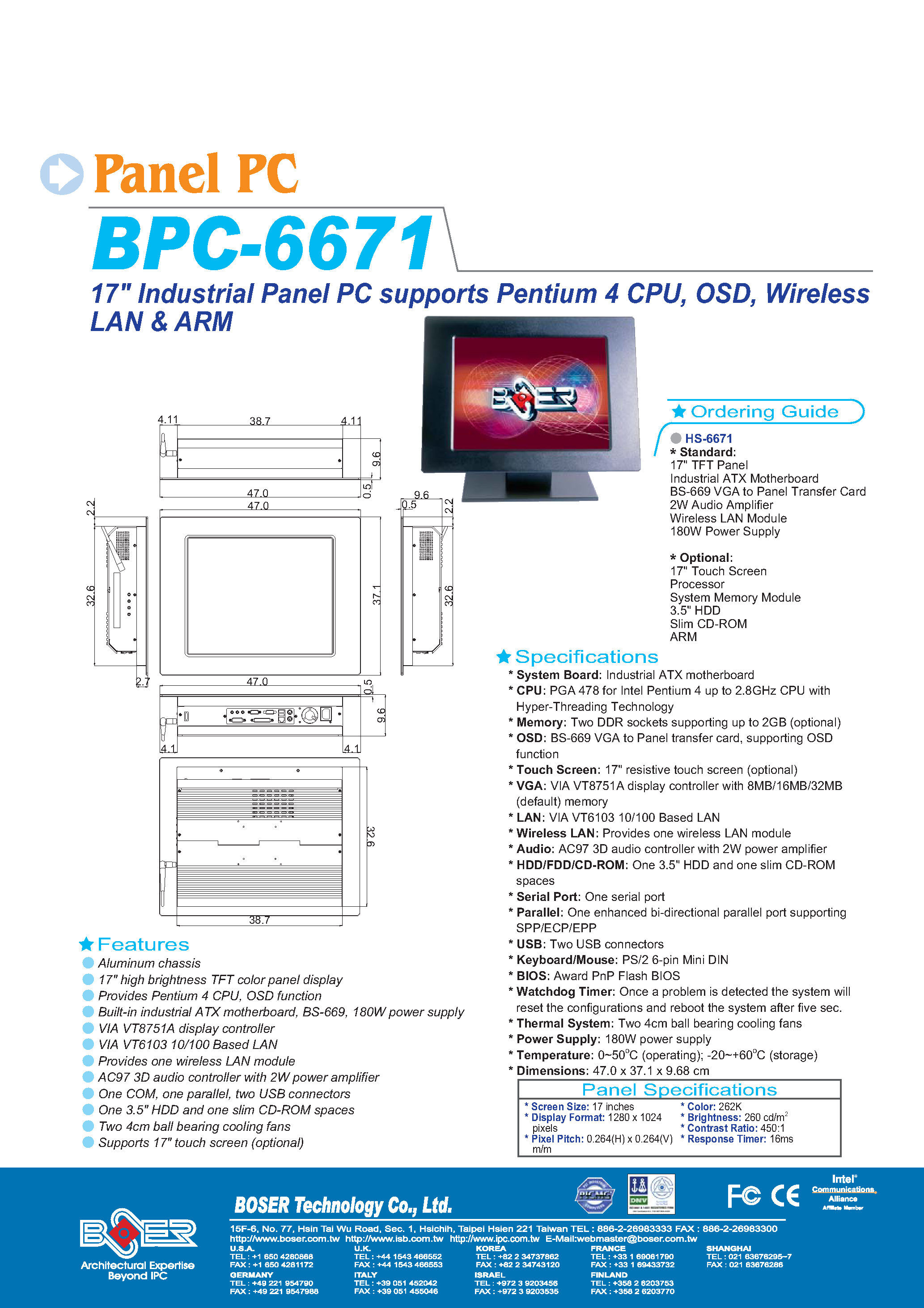 Datasheet BPC-6671 - 17 INDUSTRIAL PANEL PC SUPPORTS PENTIUM 4 CPU OSD WIRELESS page 1