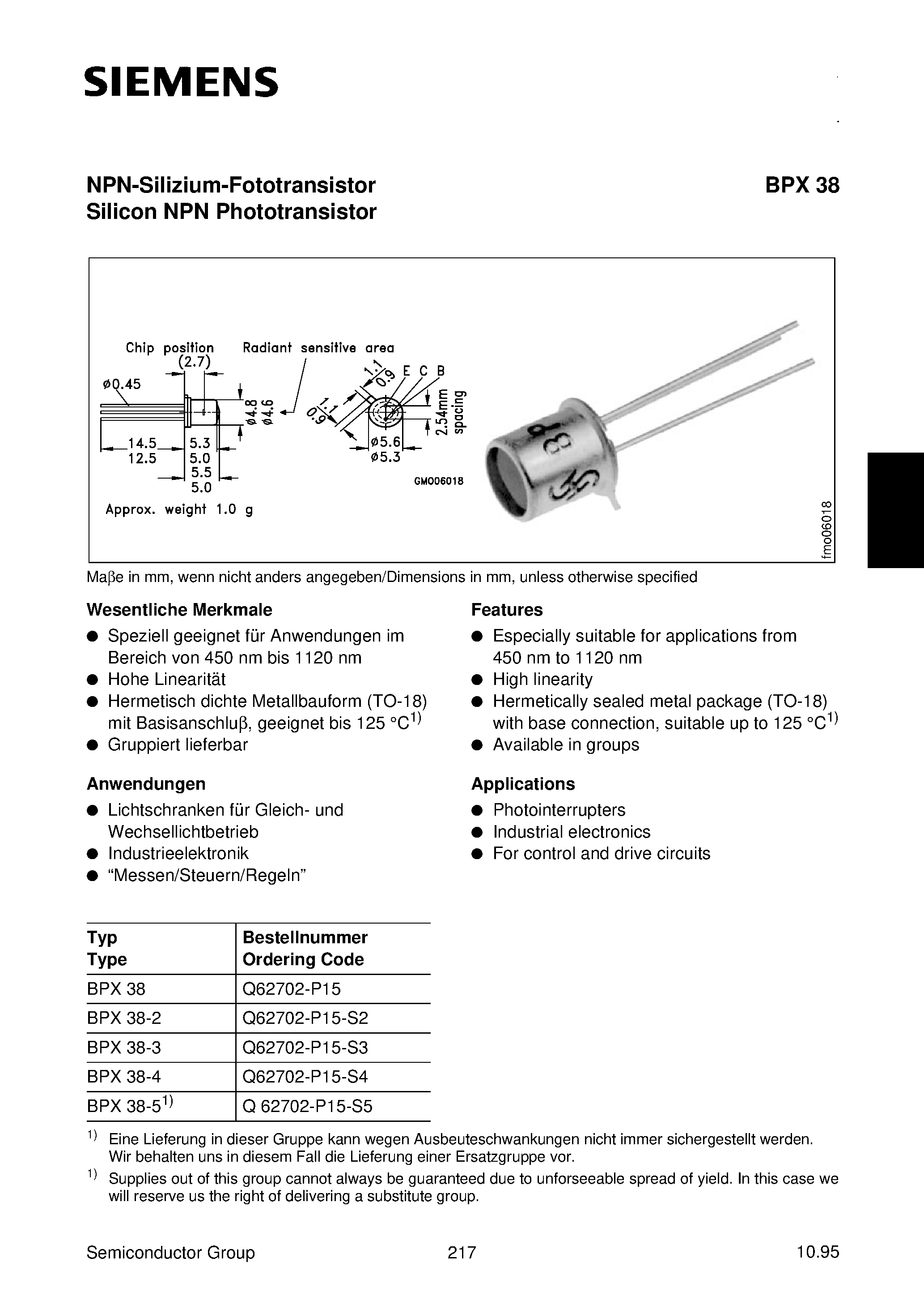 Datasheet BPX38-2 - NPN-Silizium-Fototransistor Silicon NPN Phototransistor page 1