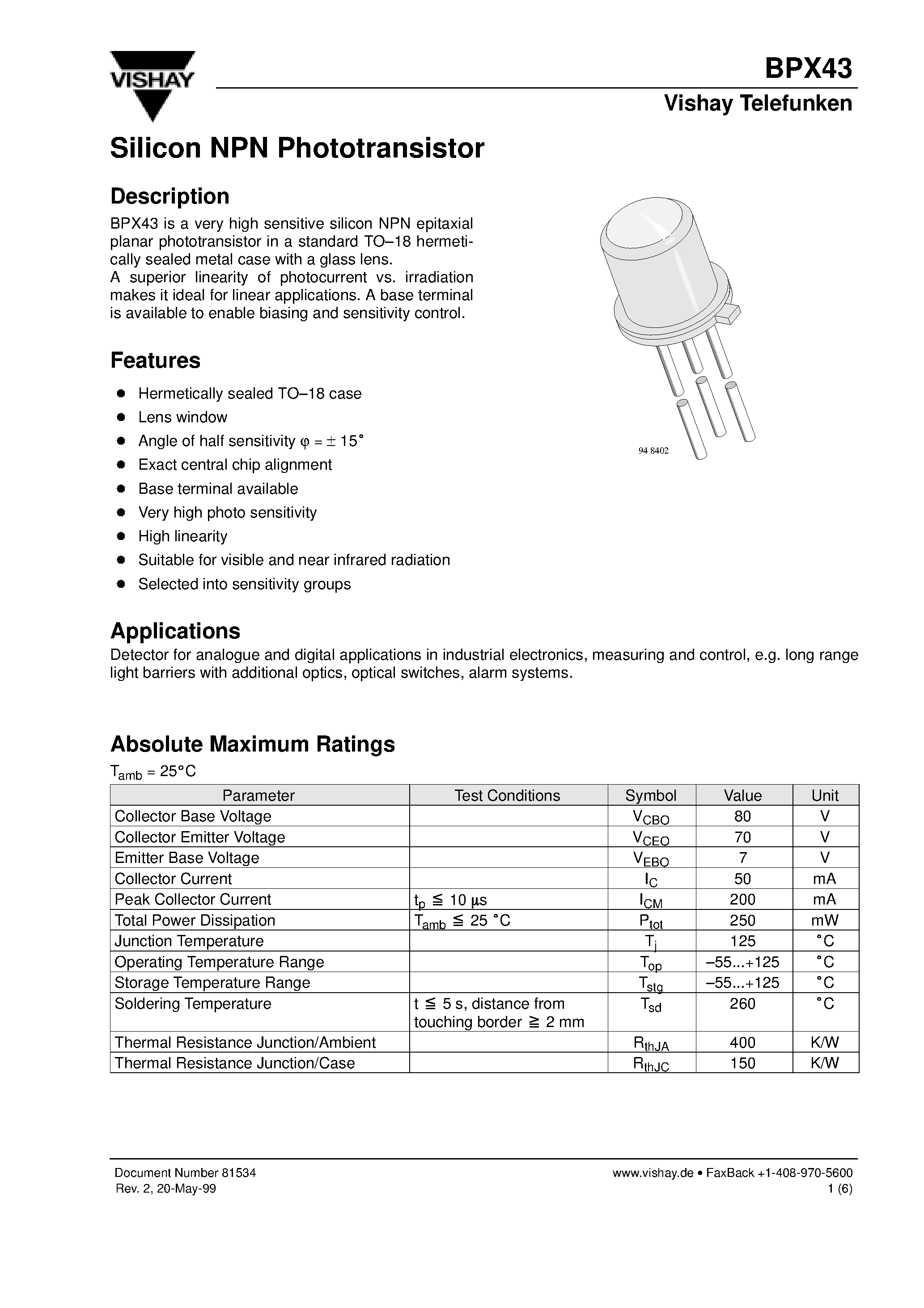 Datasheet BPX38-4 - Silicon NPN Phototransistor page 1