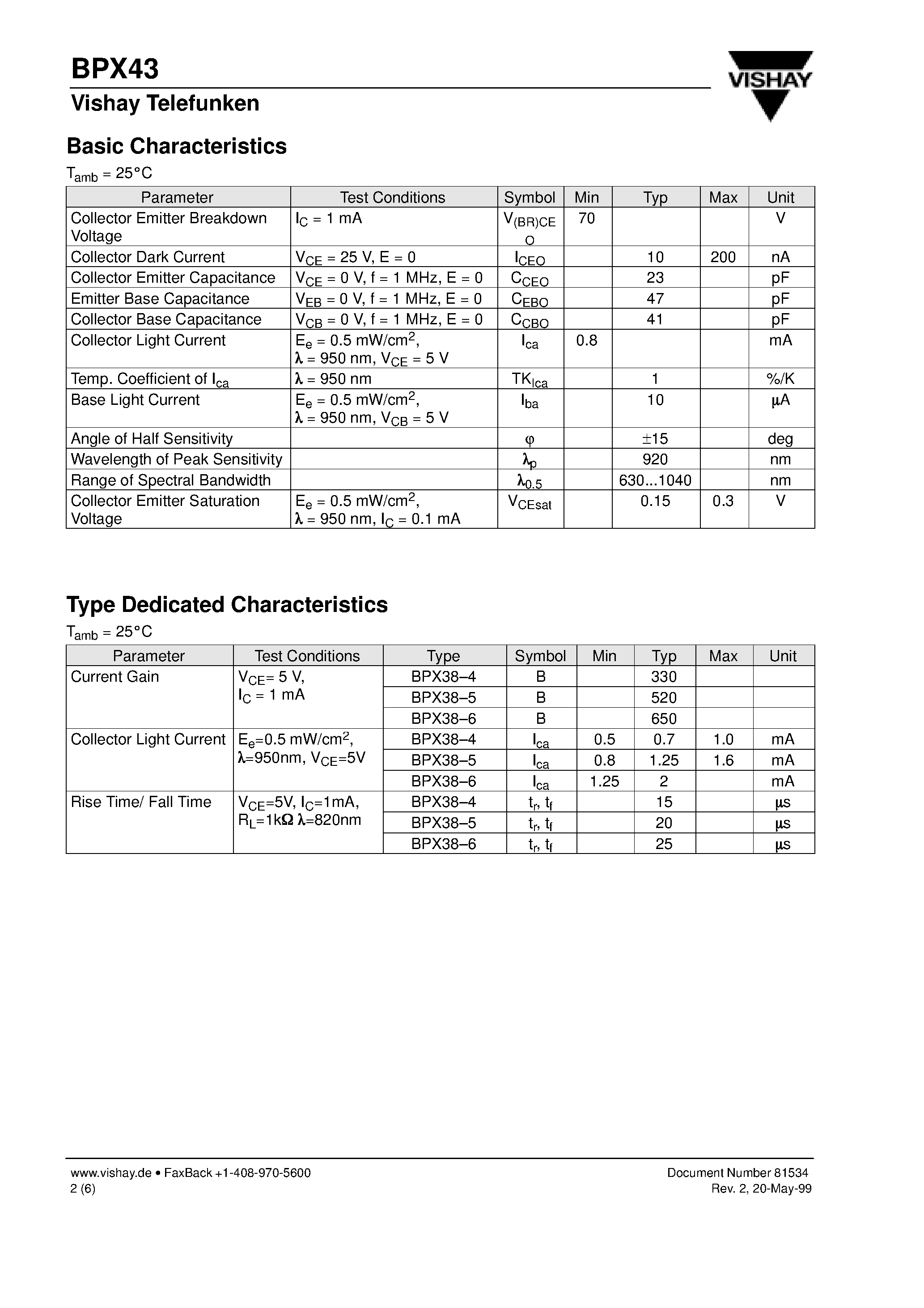 Datasheet BPX38-4 - Silicon NPN Phototransistor page 2
