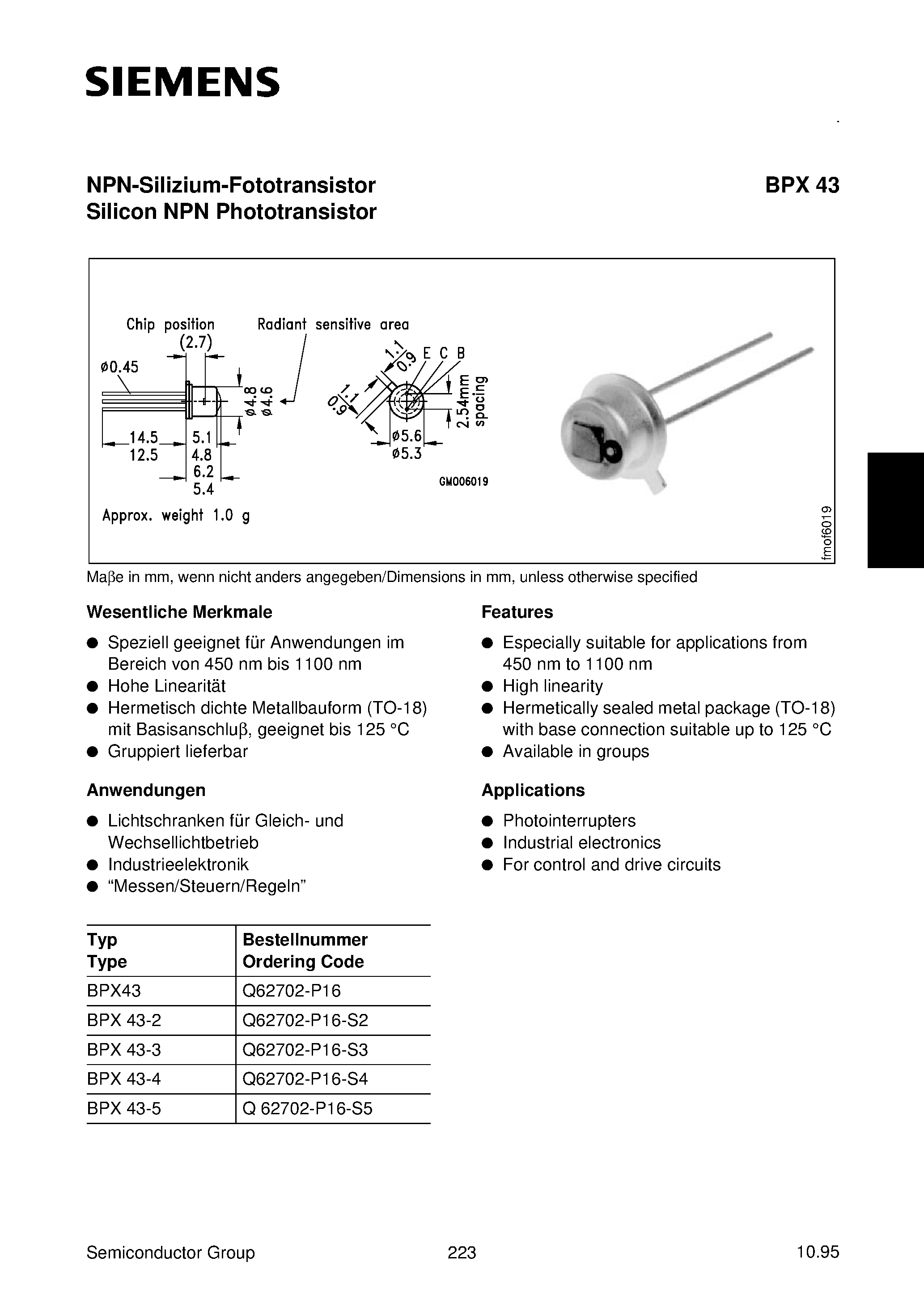 Datasheet BPX43-5 - NPN-Silizium-Fototransistor Silicon NPN Phototransistor page 1
