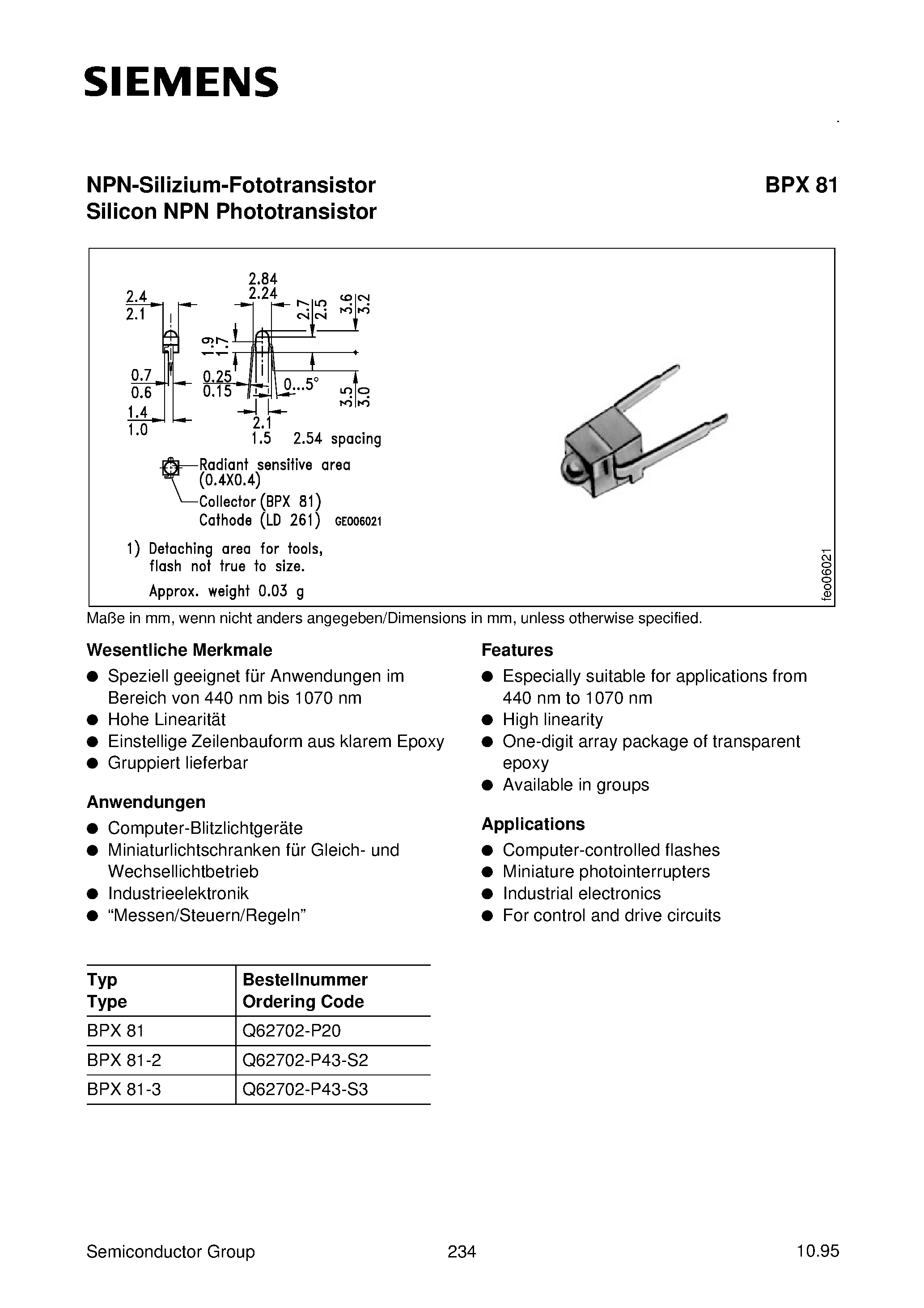 Datasheet BPX81-2 - NPN-Silizium-Fototransistor Silicon NPN Phototransistor page 1