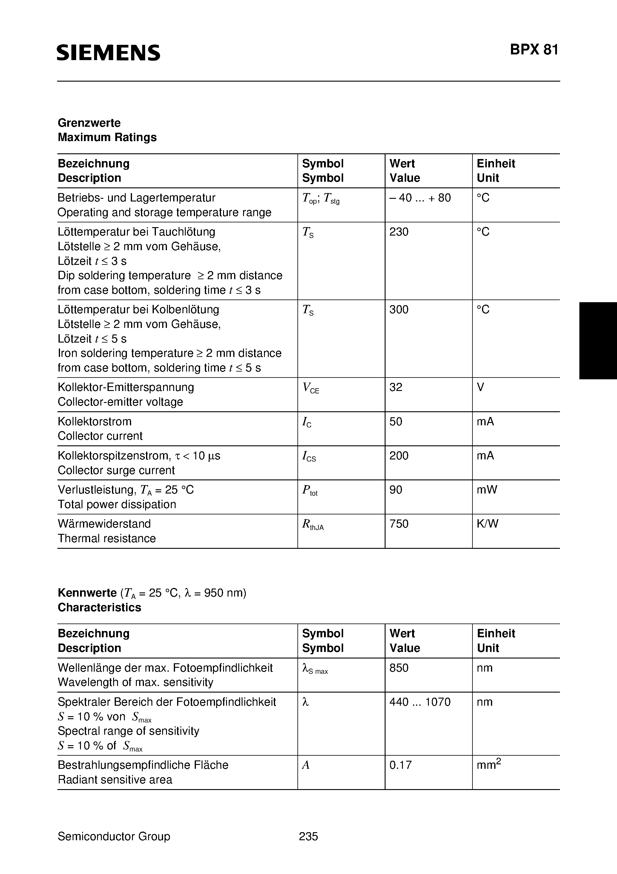 Datasheet BPX81-3 page 2 Datasheet BPX81-3 - NPN-Silizium-Fototransistor Silicon NPN Phototransistor page 2