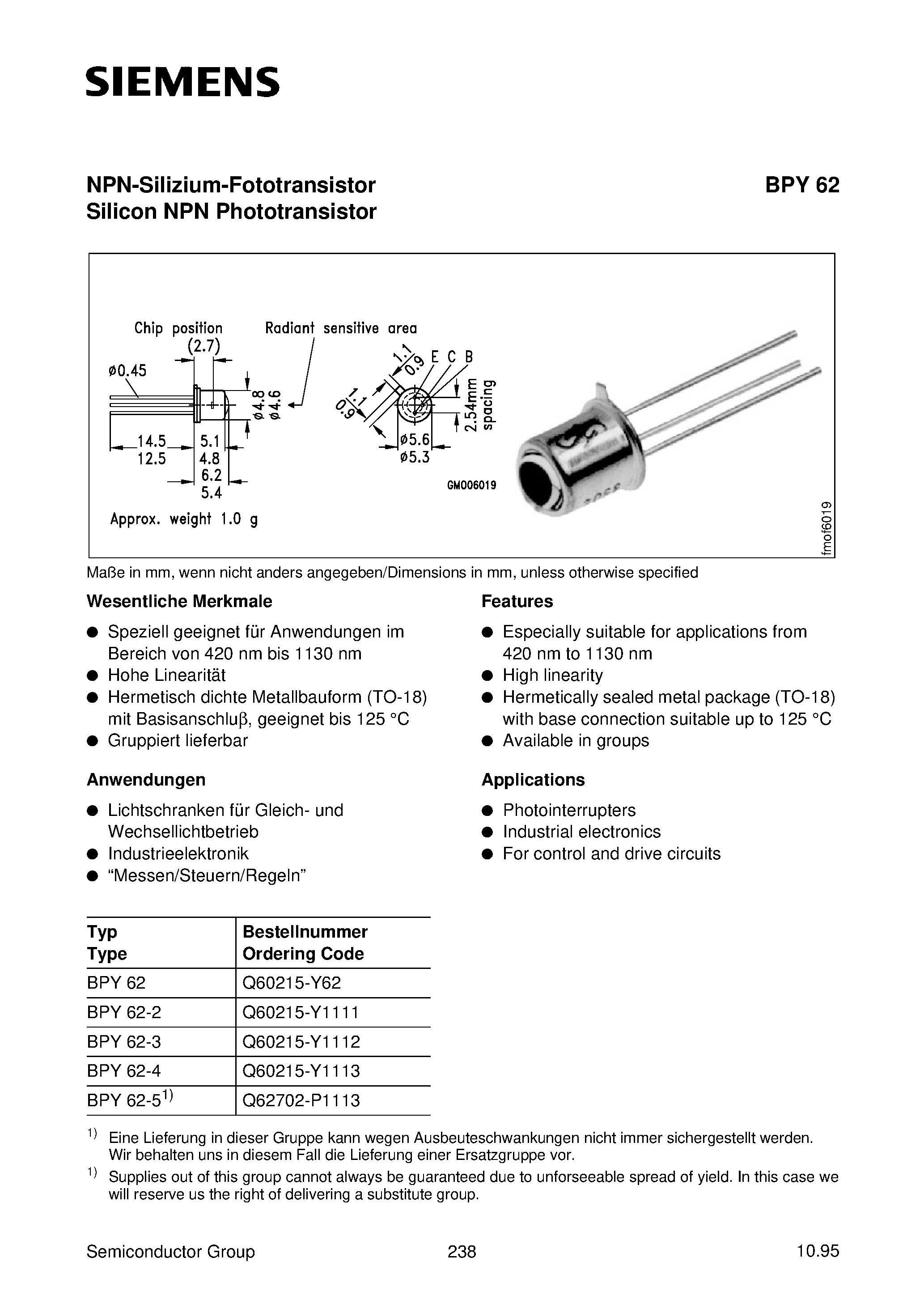 Datasheet BPY62-4 - NPN-Silizium-Fototransistor Silicon NPN Phototransistor page 1