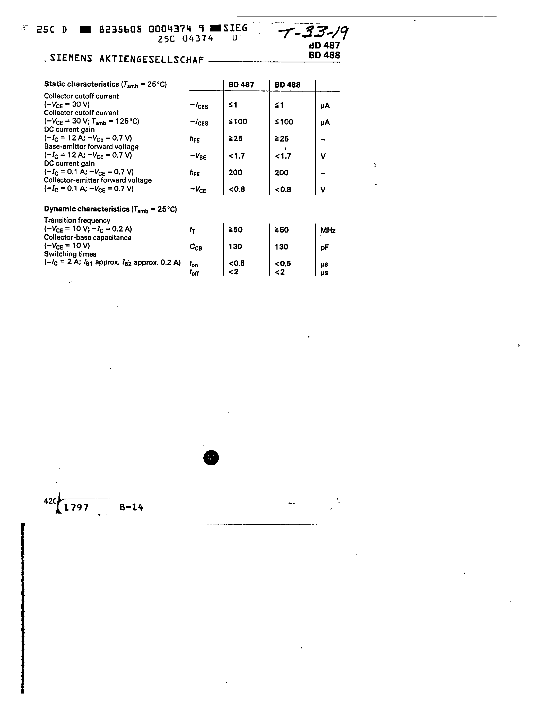 Даташит на микросхему BD487 страница 2 Даташит BD487 - PNP SILICON PLANAR TRANSISTORS страница 2