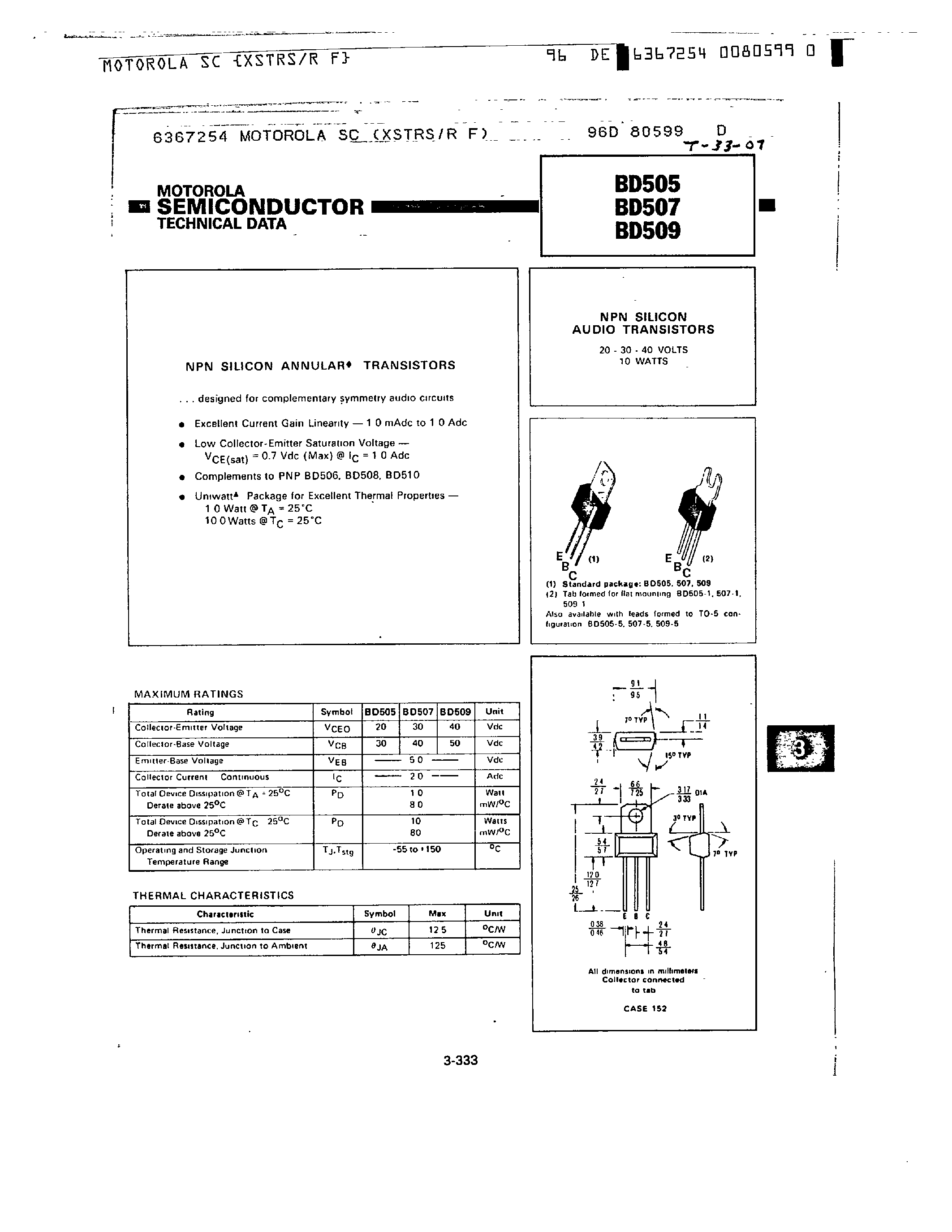 Даташит BD505 - NPN SILICON ANNULAR TRANSISTORS страница 1