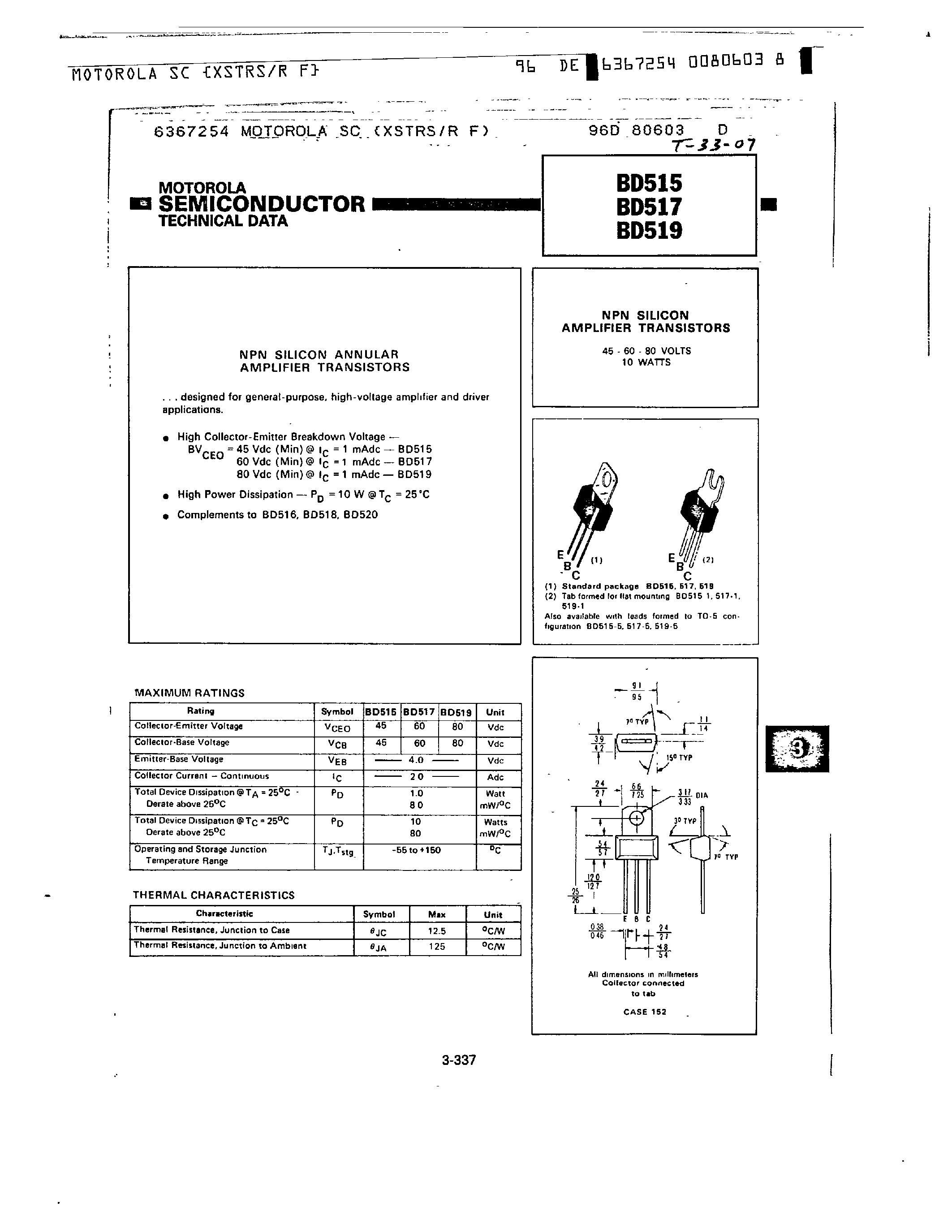 Datasheet BD515 page 1 Datasheet BD515 - NPN SILICON AMPLIFIER TRANSISTORS page 1