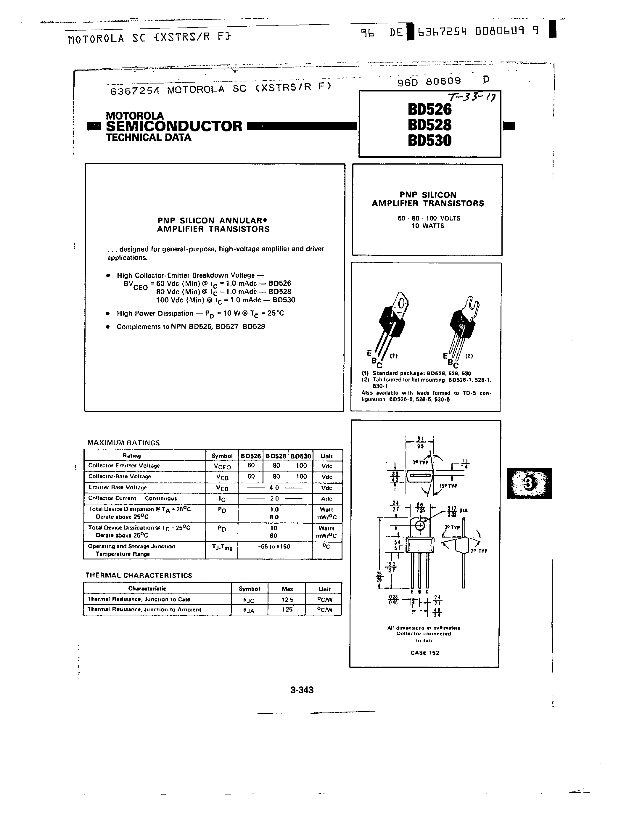 Даташит BD530 - PNP SILICON AMPLIFIER TRANSISTORS страница 1