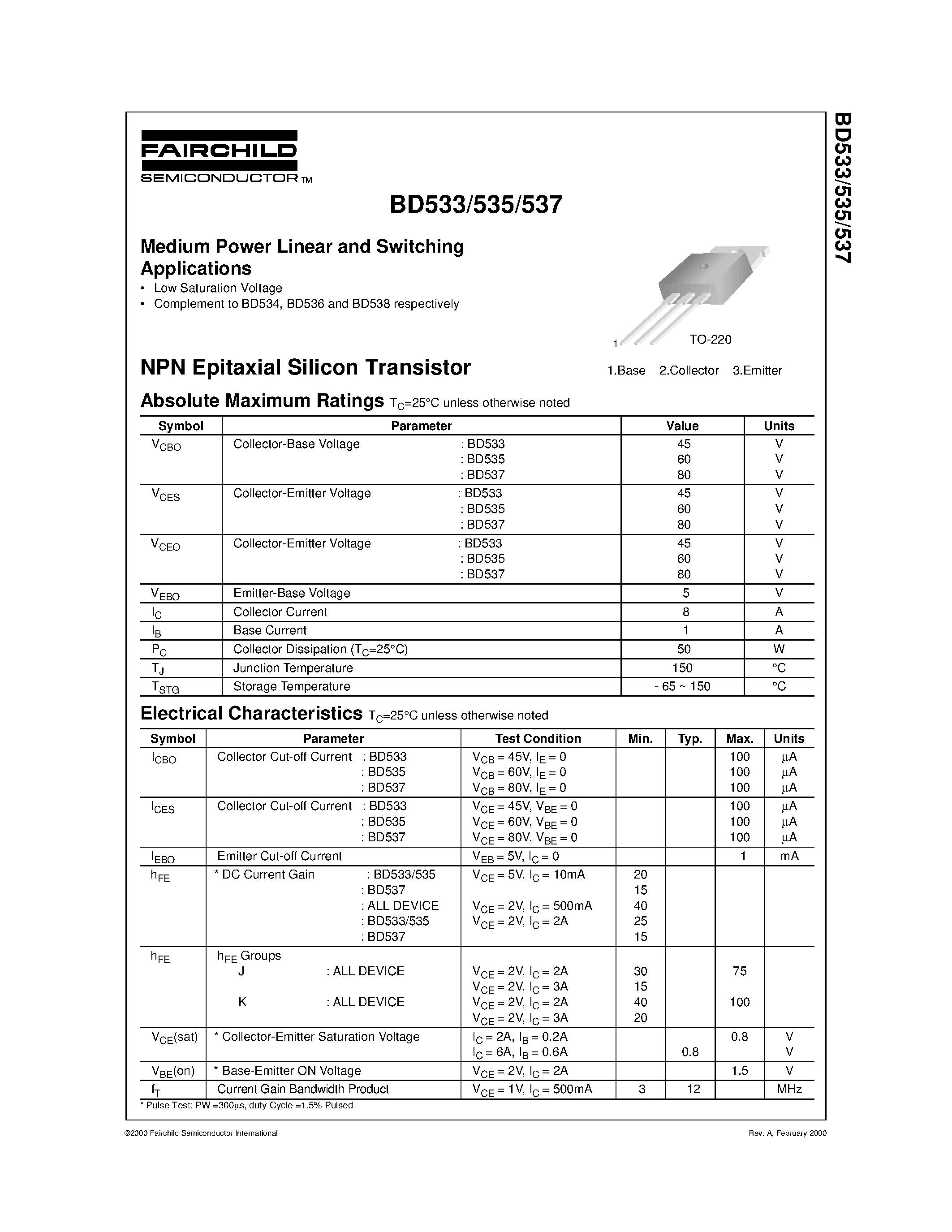 Даташит на микросхему BD533 страница 1 Даташит BD533 - Medium Power Linear and Switching Applications страница 1