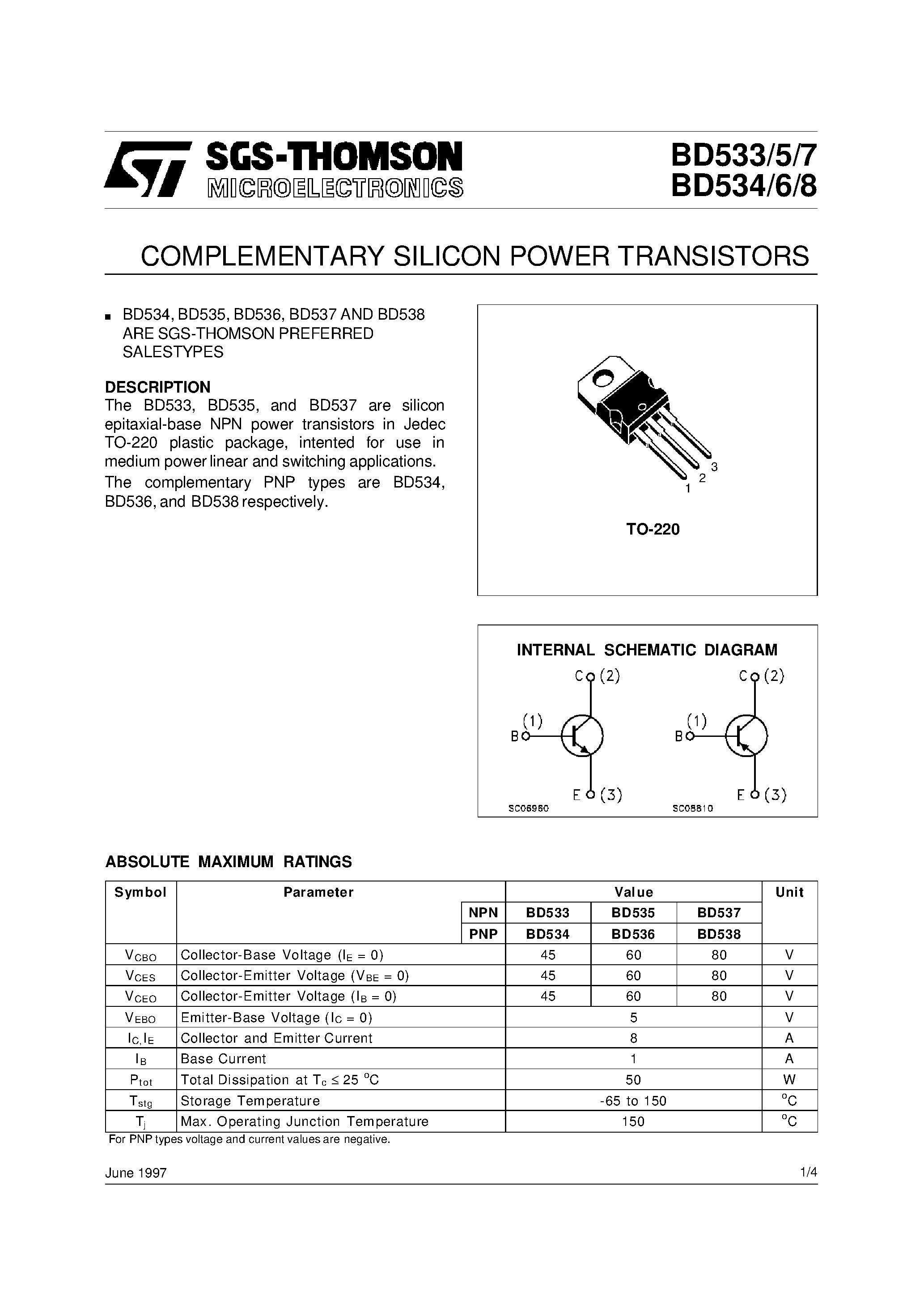 Даташит BD534 - COMPLEMENTARY SILICON POWER TRANSISTORS страница 1