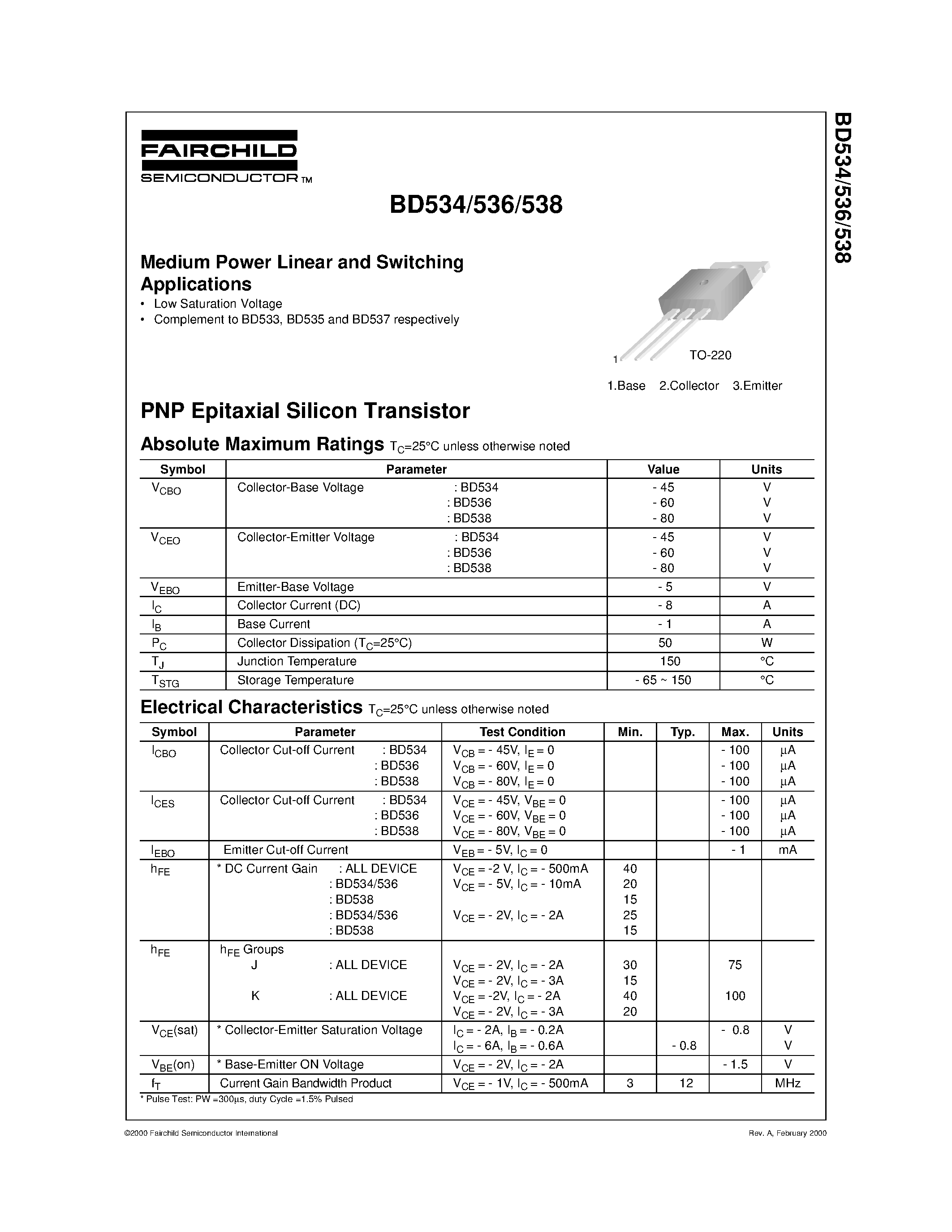 Даташит BD536 - Medium Power Linear and Switching Applications страница 1
