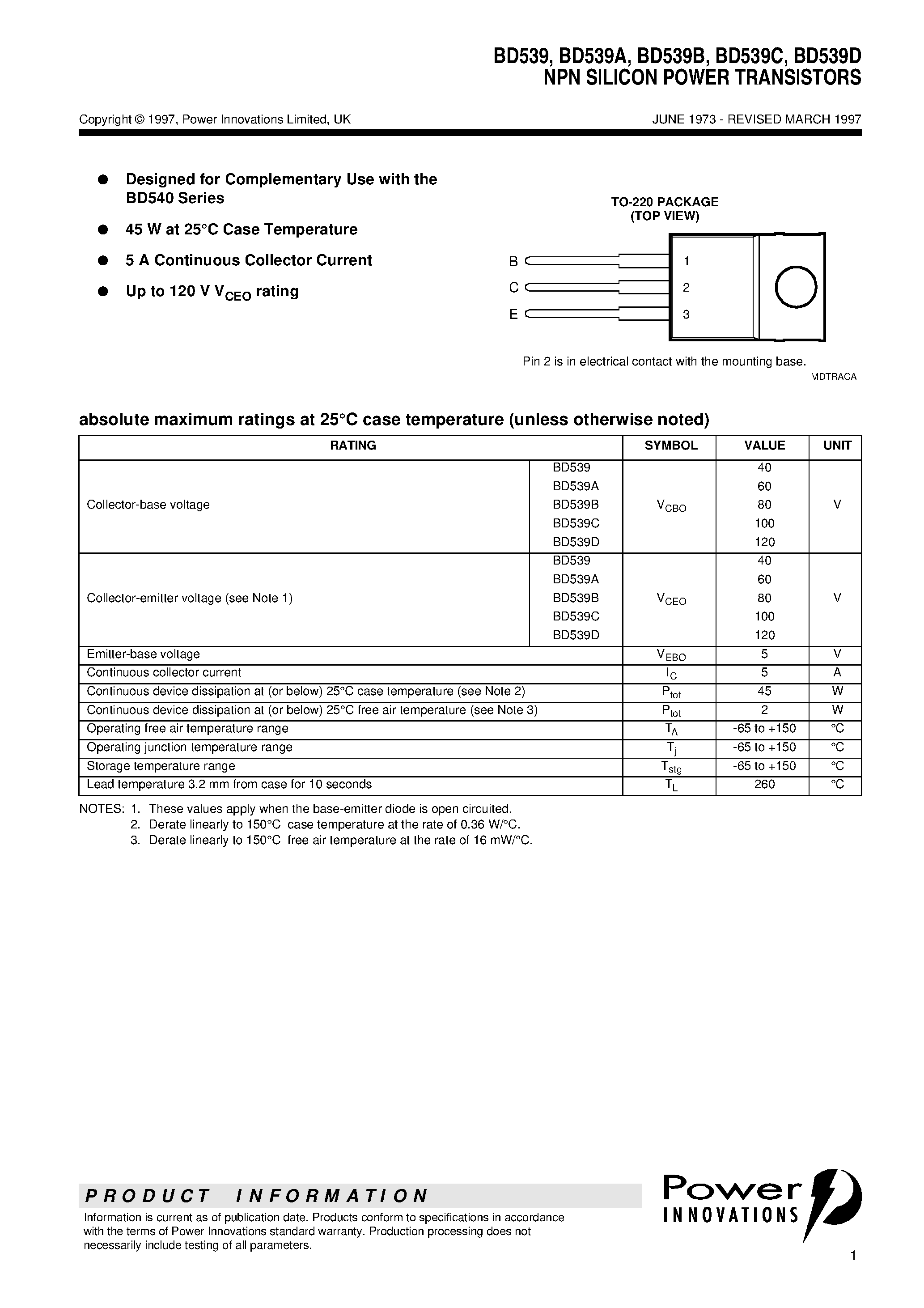 Даташит BD539 - NPN SILICON POWER TRANSISTORS страница 1