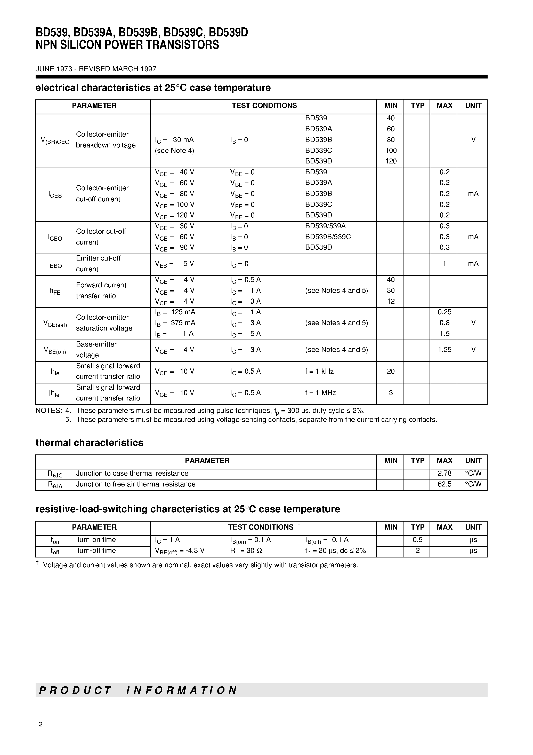 Даташит на микросхему BD539D страница 2 Даташит BD539D - NPN SILICON POWER TRANSISTORS страница 2