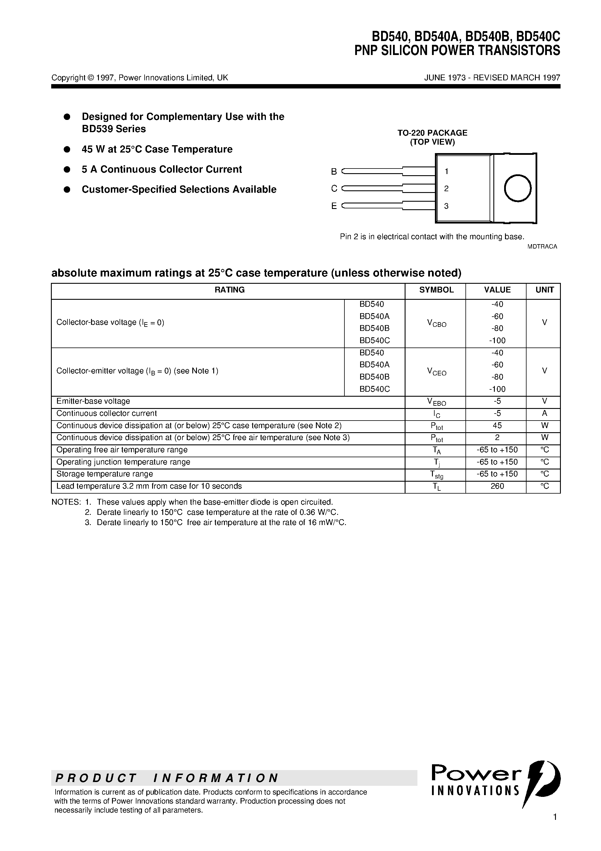 Даташит BD540C - PNP SILICON POWER TRANSISTORS страница 1