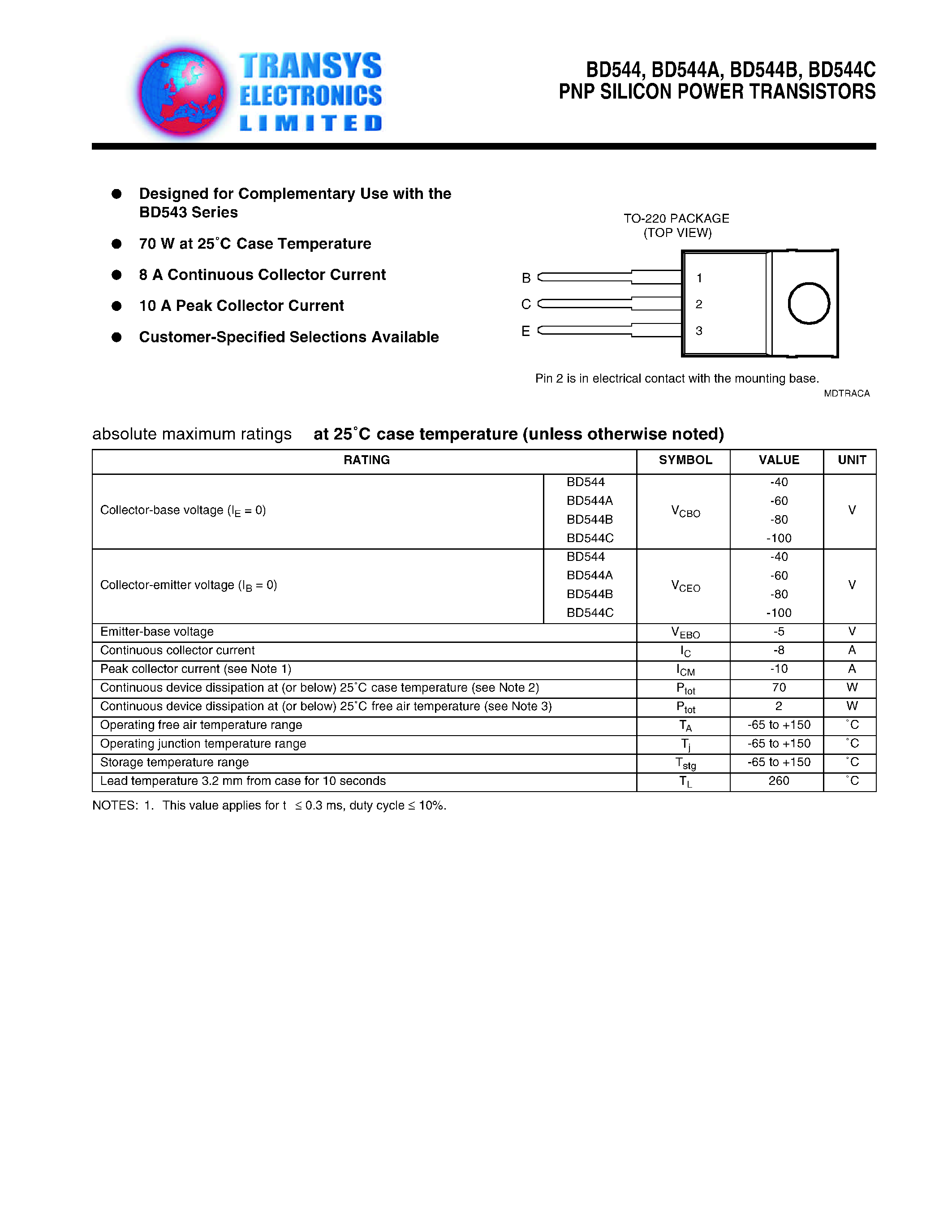 Даташит BD544A - PNP SILICON POWER TRANSISTORS страница 1