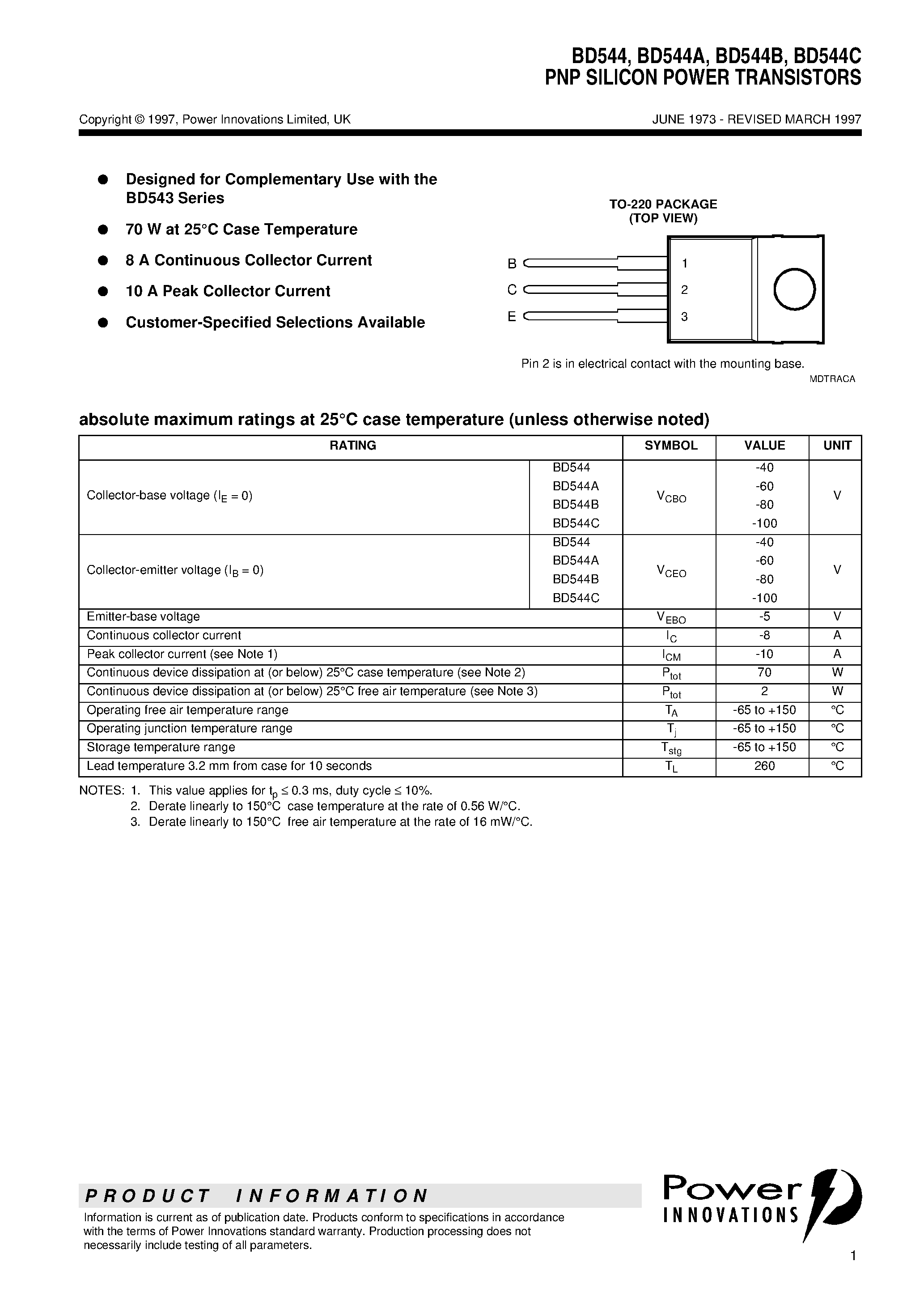 Даташит BD544C - PNP SILICON POWER TRANSISTORS страница 1