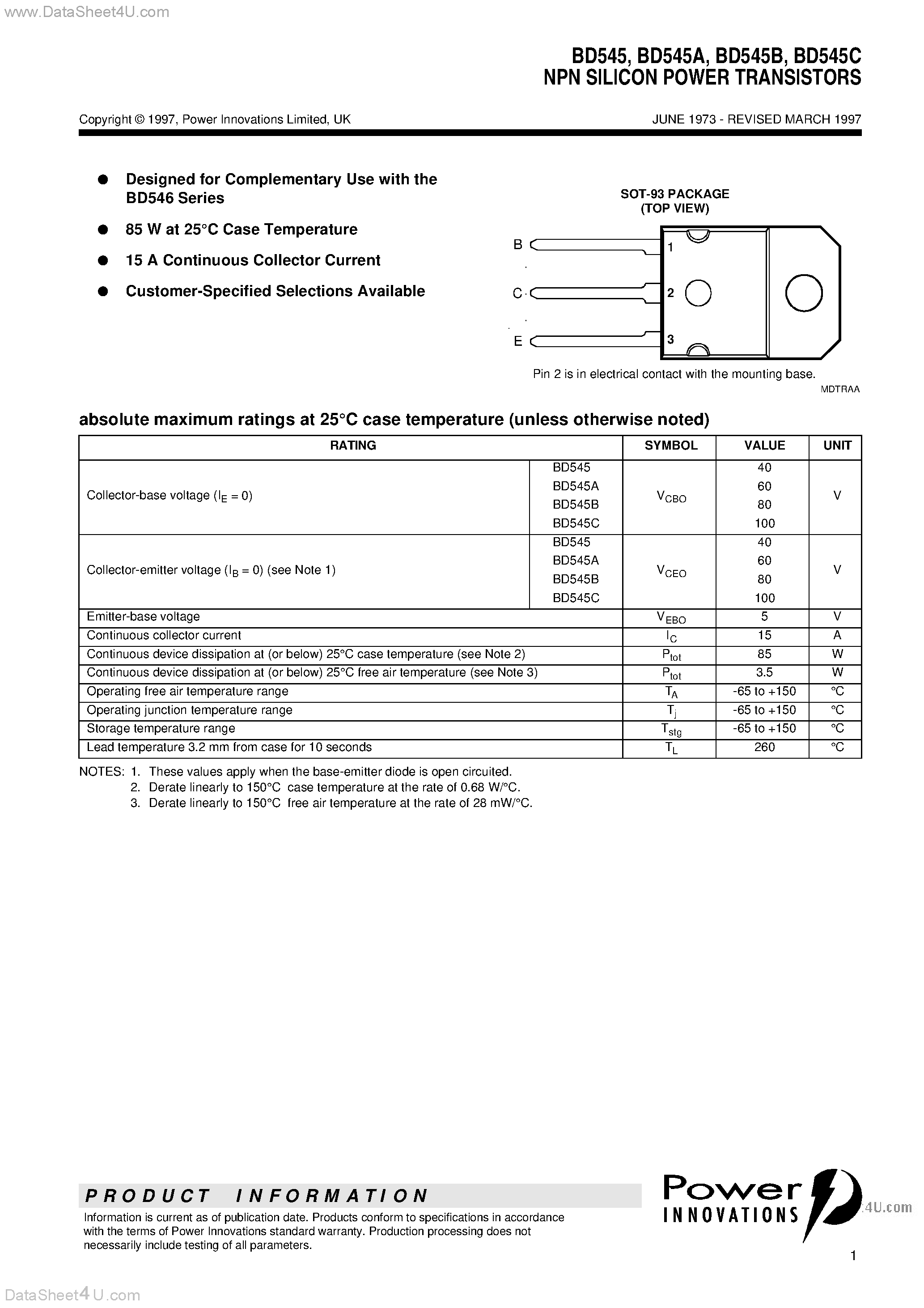 Даташит на микросхему BD545B страница 1 Даташит BD545B - NPN SILICON POWER TRANSISTORS страница 1