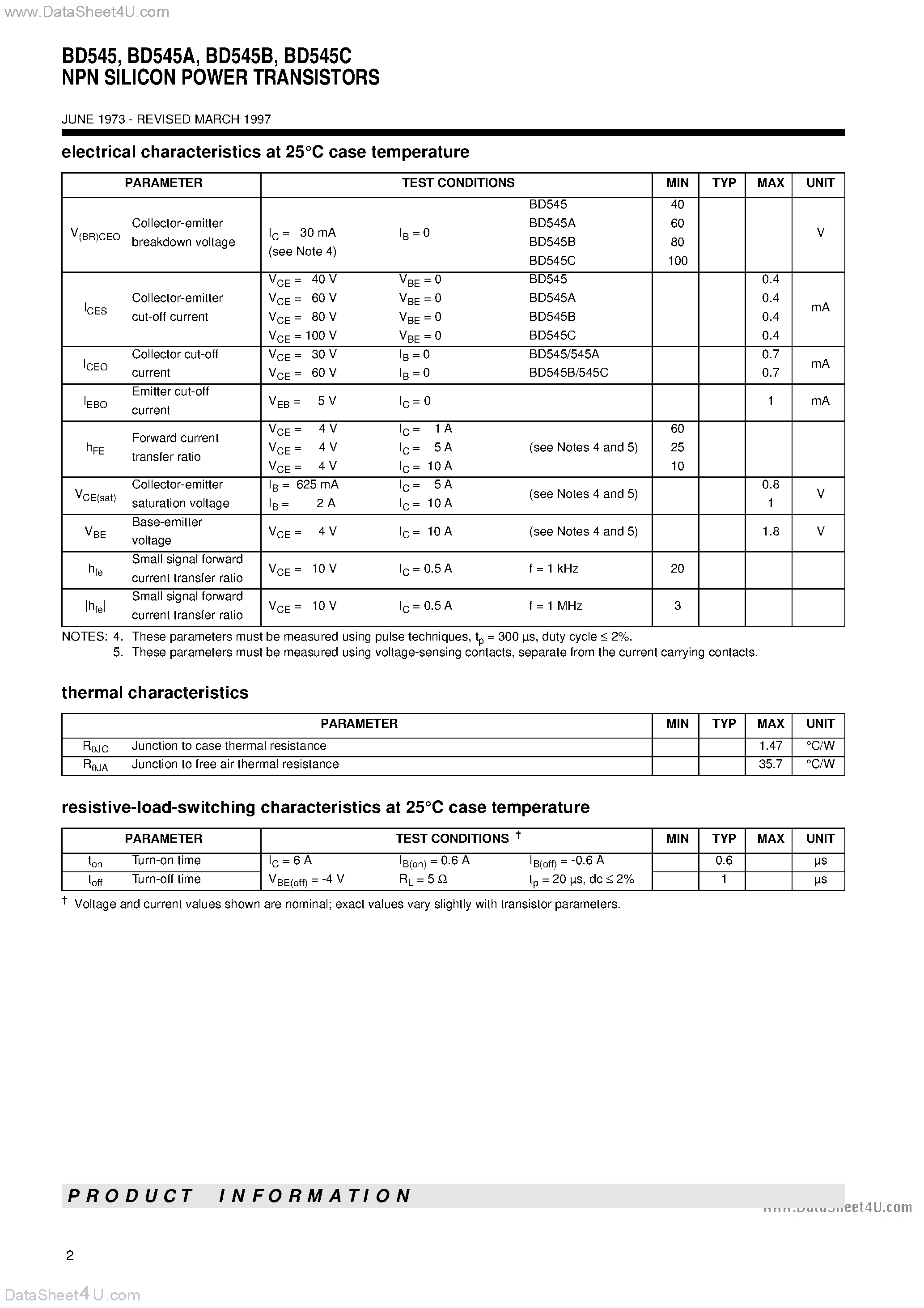 Даташит BD545C - NPN SILICON POWER TRANSISTORS страница 2