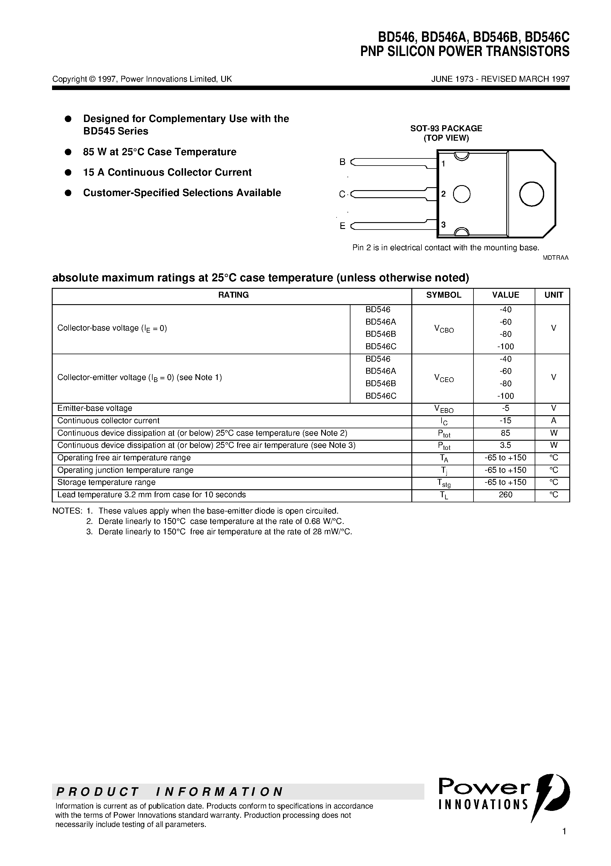 Даташит BD546C - PNP SILICON POWER TRANSISTORS страница 1