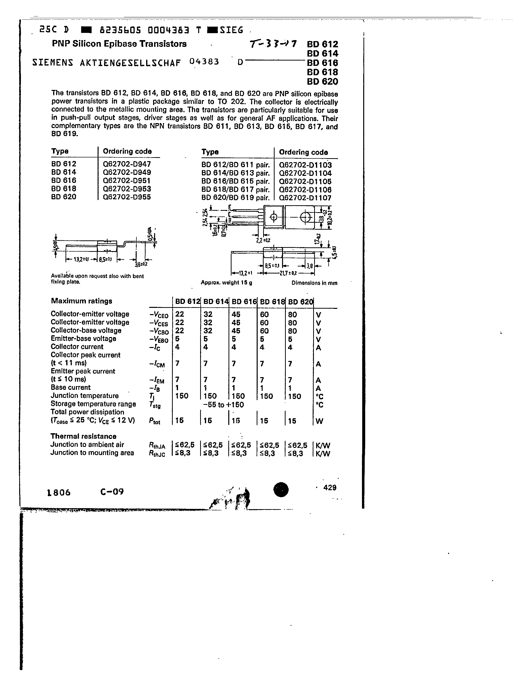 Даташит BD612 - PNP SILICON EPIBASE TRANSISTORS страница 1