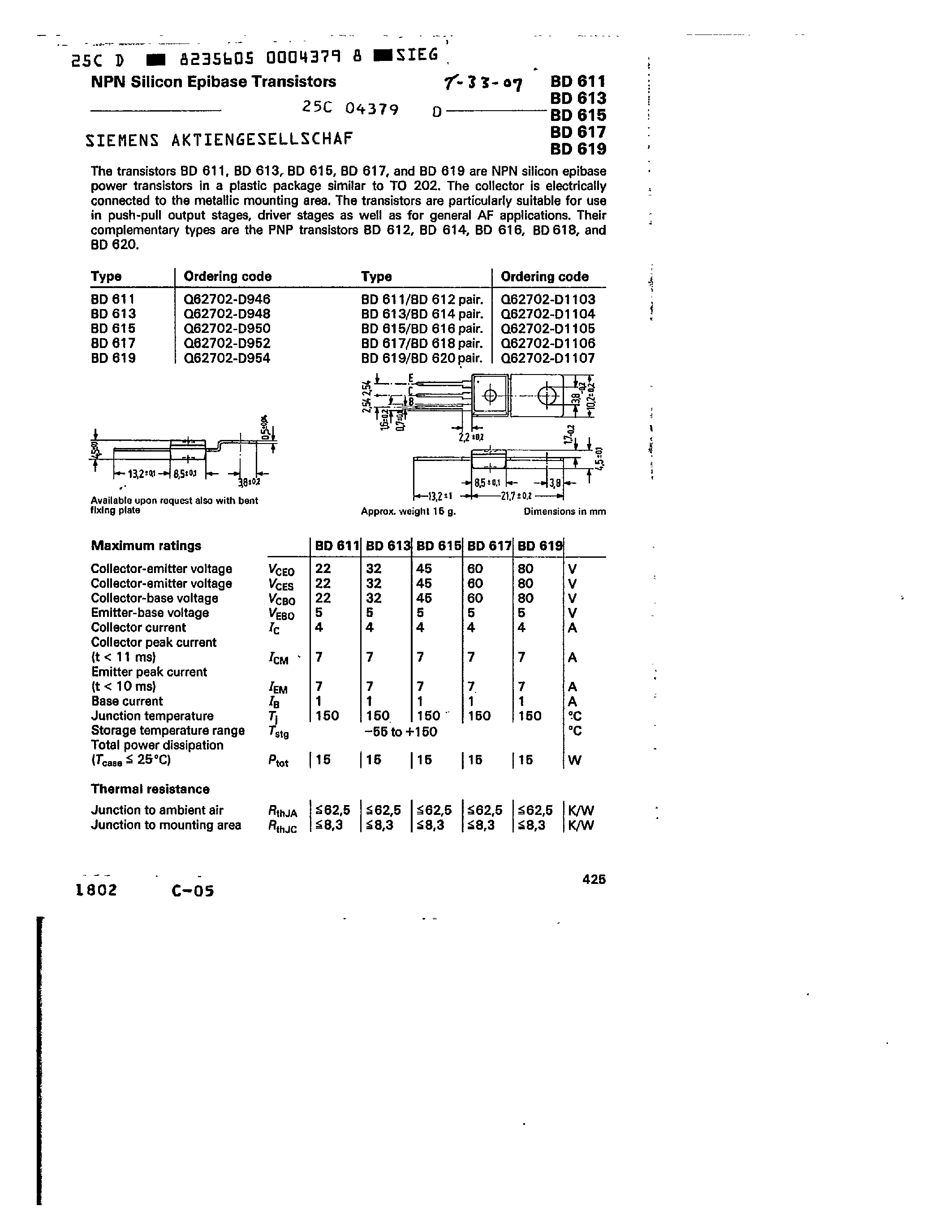 Даташит BD615 - PNP SILICON EPIBASE TRANSISTORS страница 1