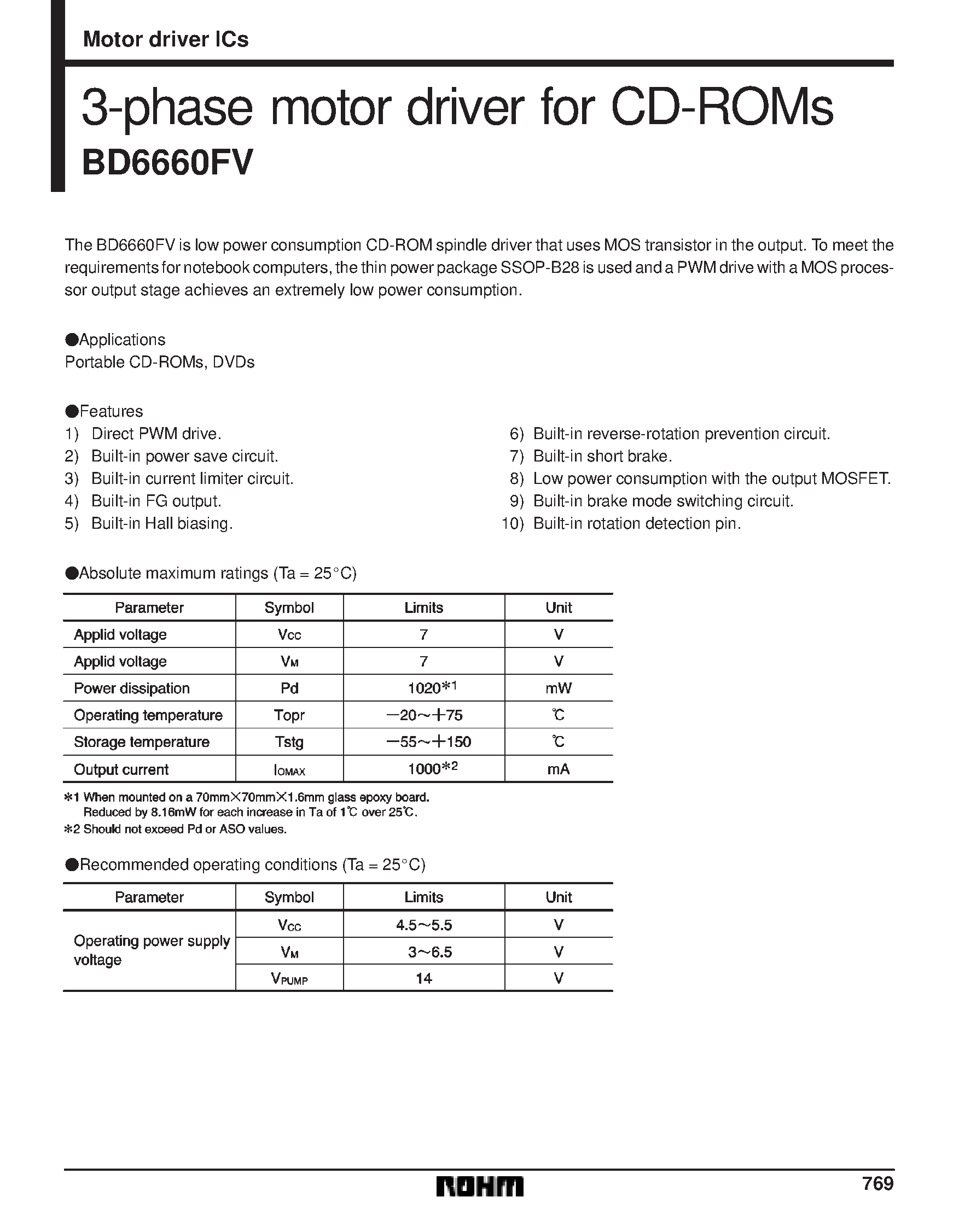 Datasheet BD6660FV page 1 Datasheet BD6660FV - 3-phase motor driver for CD-ROMs page 1