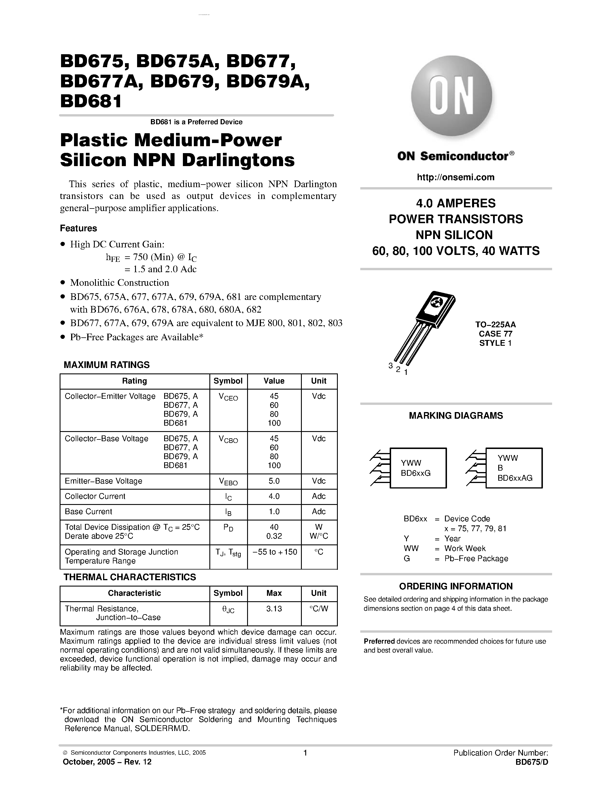 Даташит BD677A - DARLINGTON POWER TRANSISTORS NPN SILICON страница 1