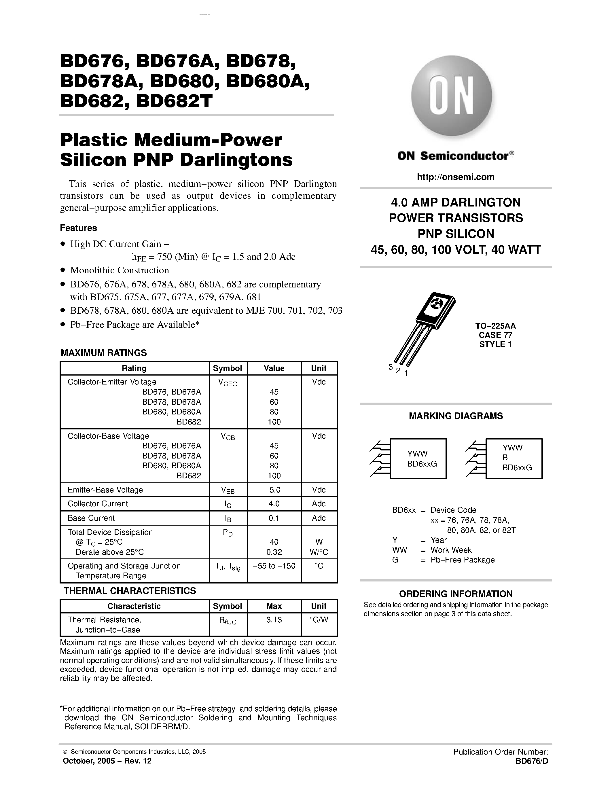 Даташит BD678 - DARLINGTON POWER TRANSISTORS PNP SILICON страница 1