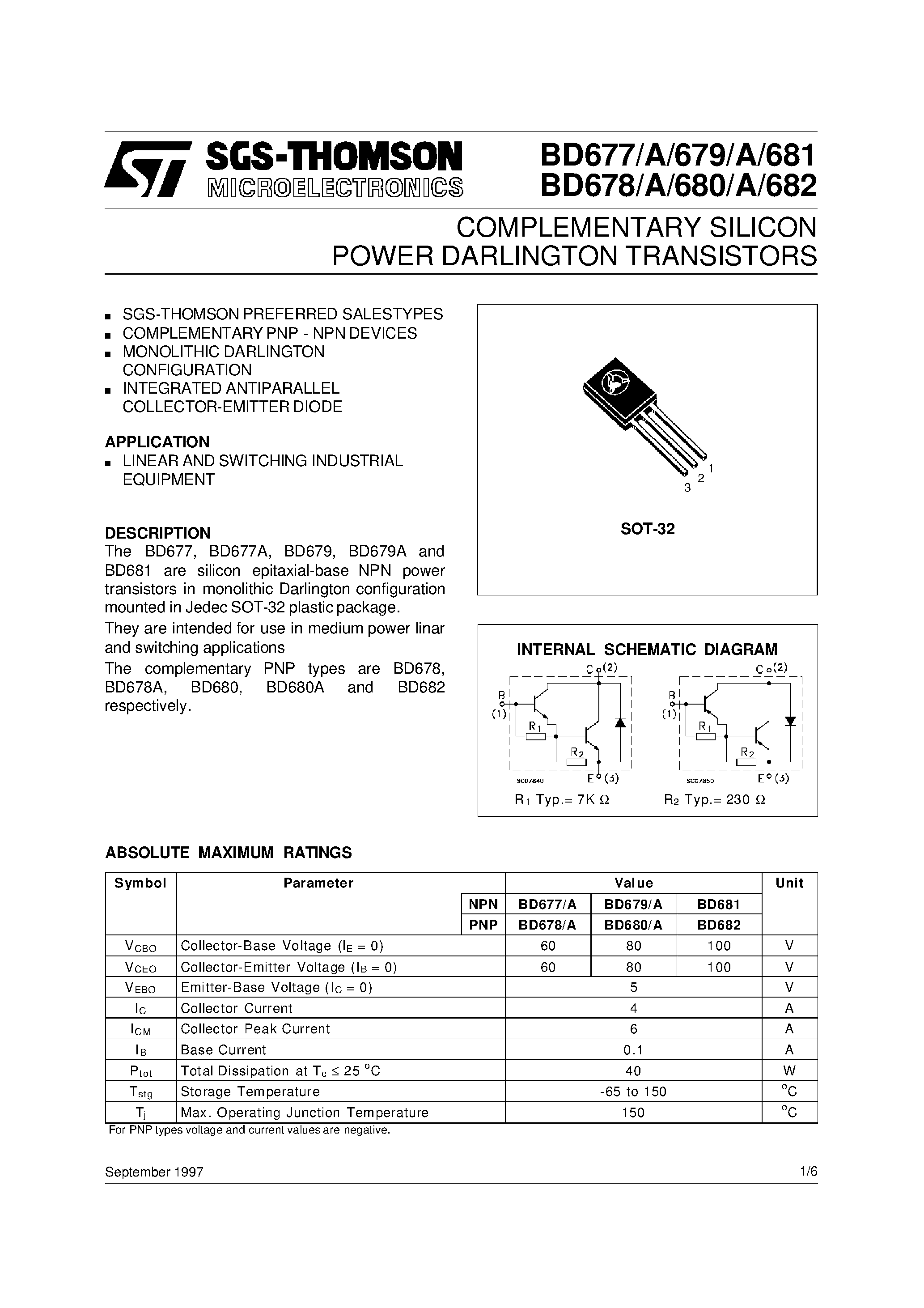 Даташит BD679 - COMPLEMENTARY SILICON POWER DARLINGTON TRANSISTORS страница 1