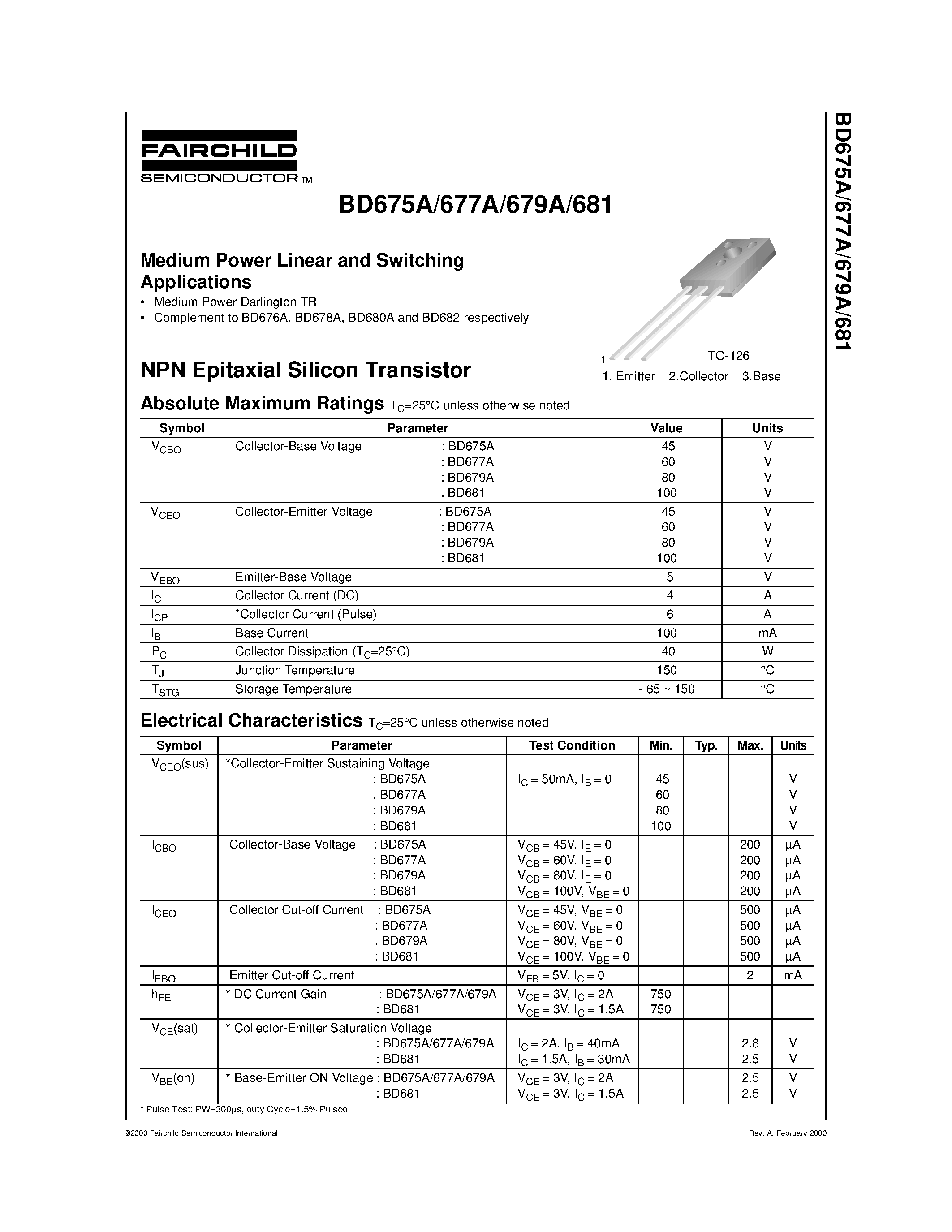 Даташит на микросхему BD681 страница 1 Даташит BD681 - Medium Power Linear and Switching Applications страница 1