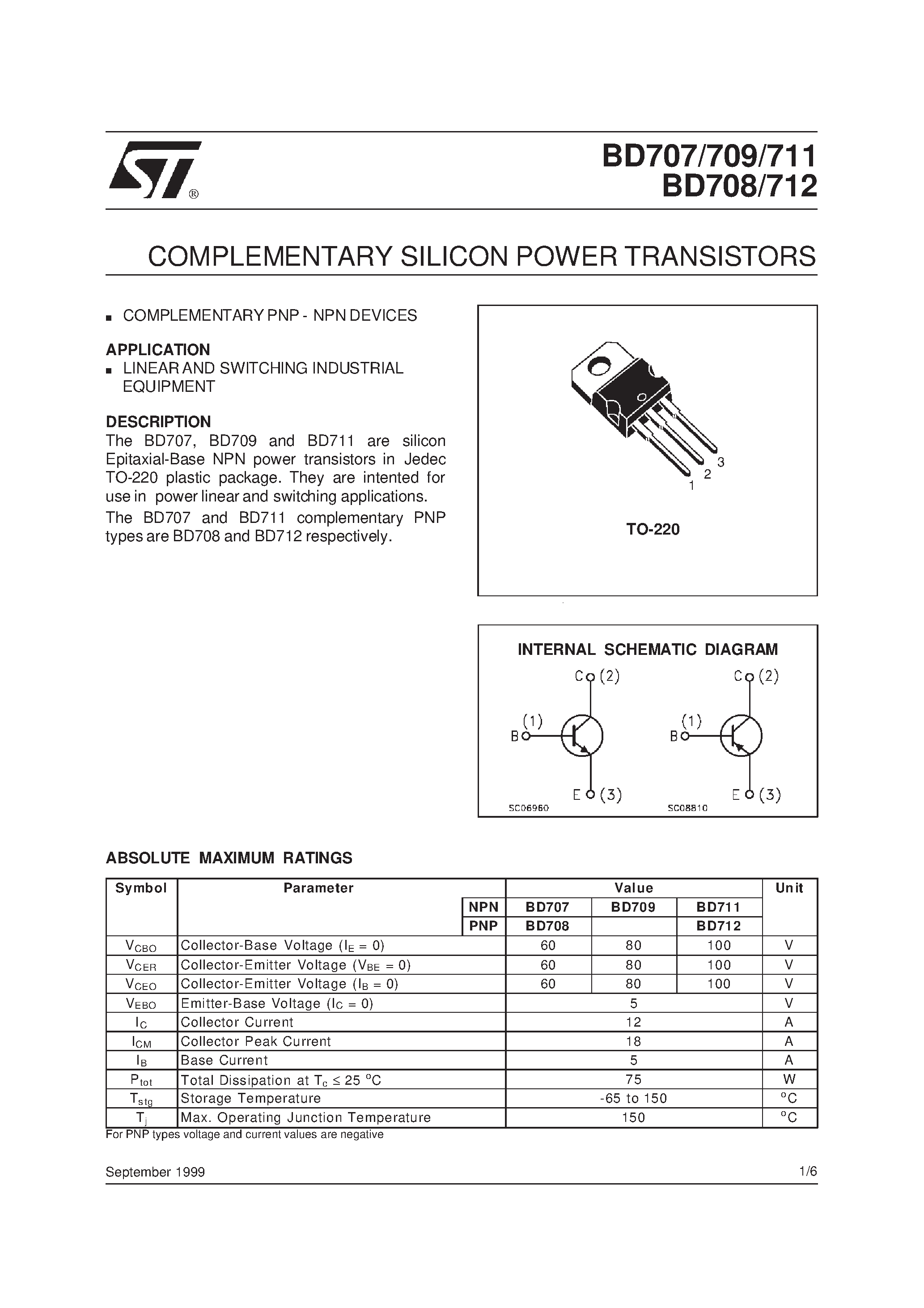 Даташит на микросхему BD708 страница 1 Даташит BD708 - COMPLEMENTARY SILICON POWER TRANSISTORS страница 1