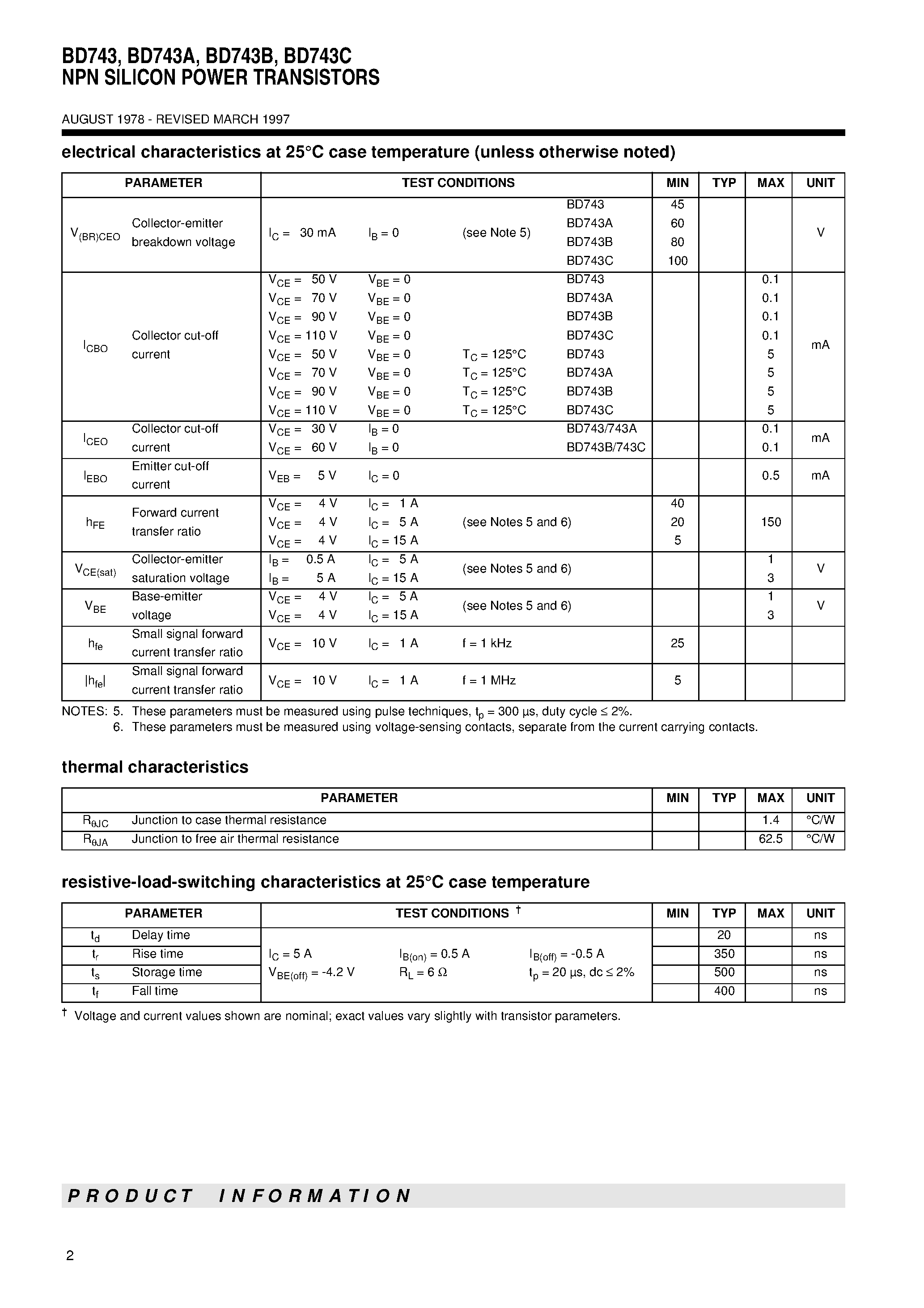 Даташит на микросхему BD743 страница 2 Даташит BD743 - NPN SILICON POWER TRANSISTORS страница 2