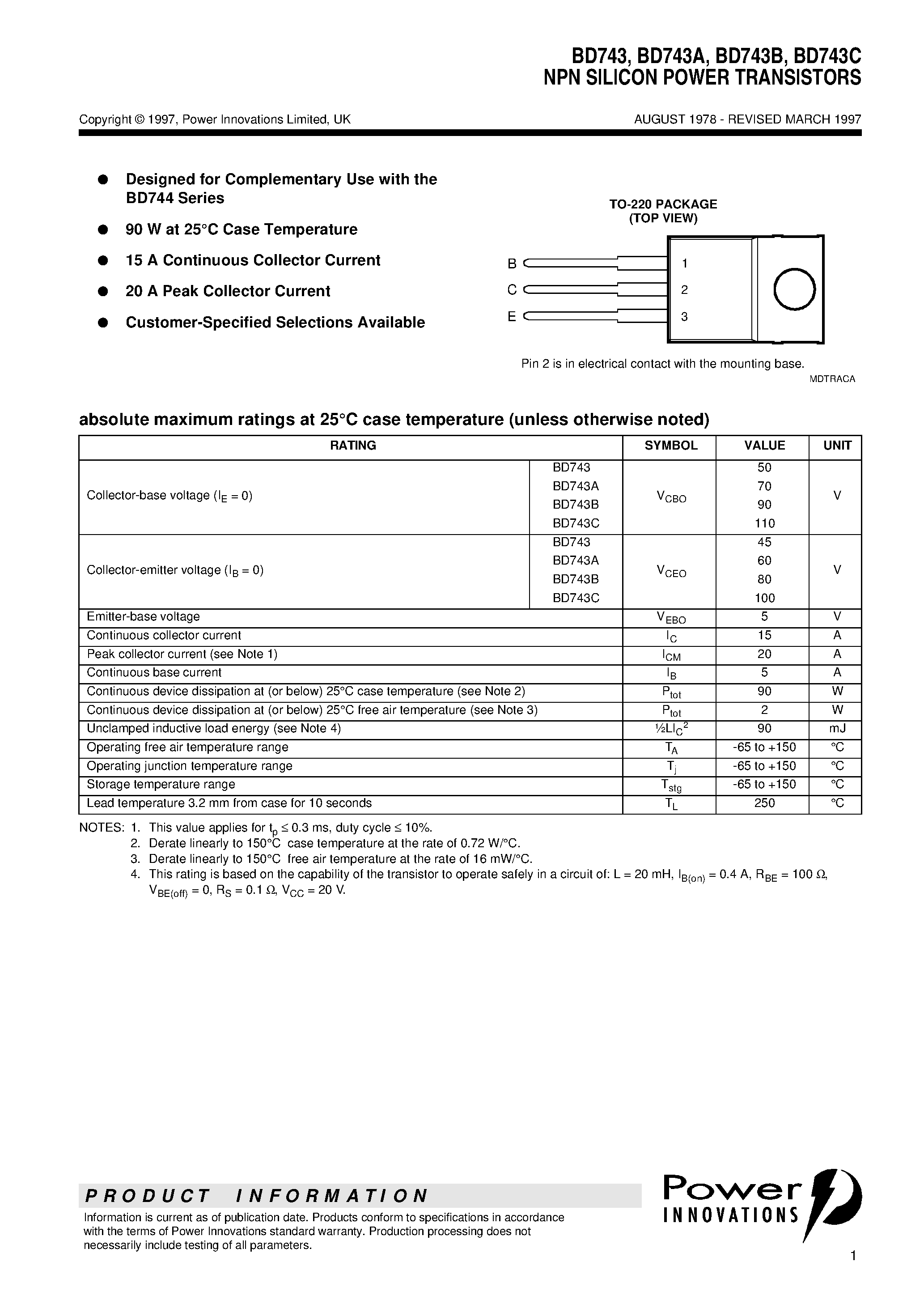 Даташит на микросхему BD743A страница 1 Даташит BD743A - NPN SILICON POWER TRANSISTORS страница 1
