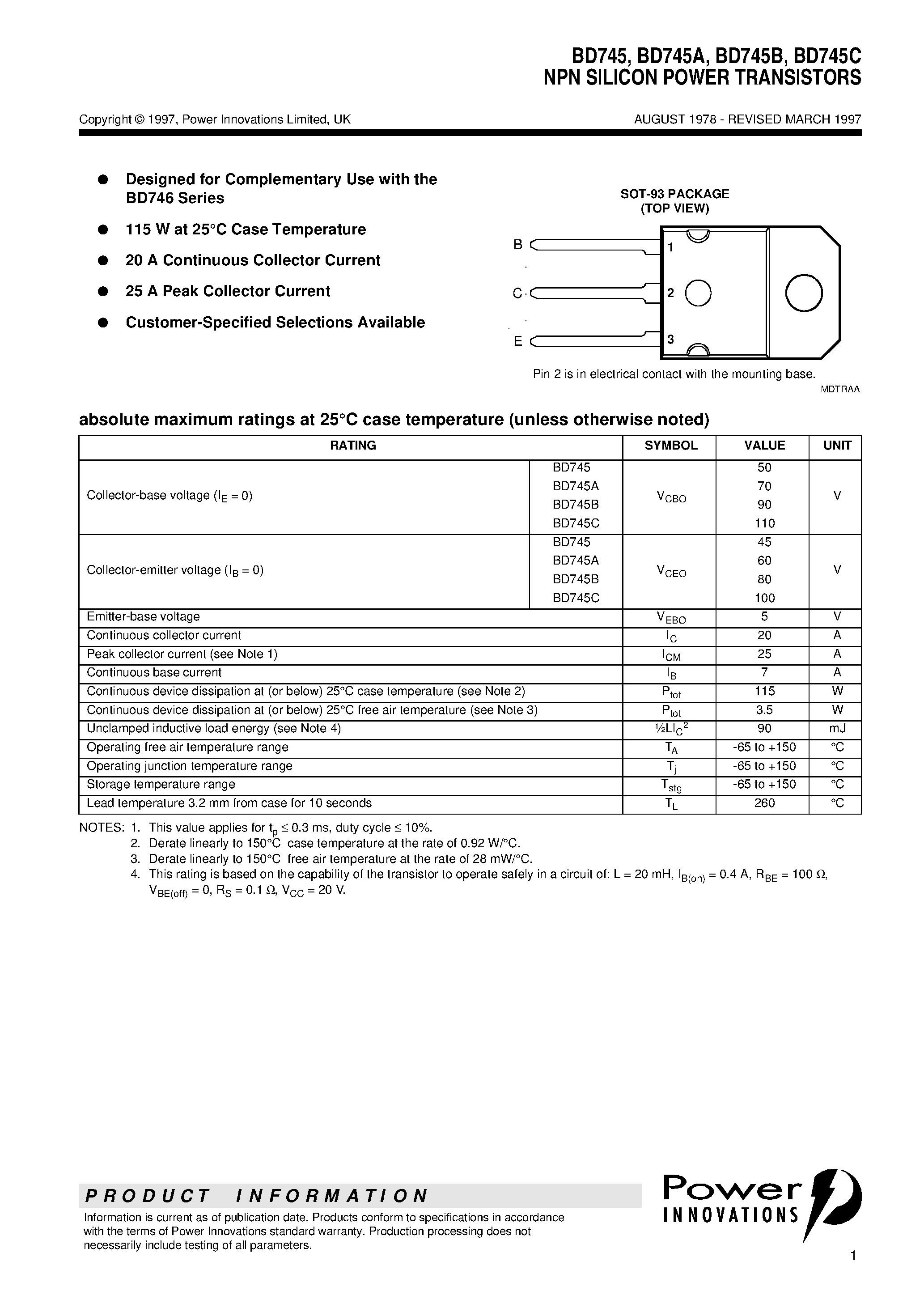 Даташит BD745 - NPN SILICON POWER TRANSISTORS страница 1