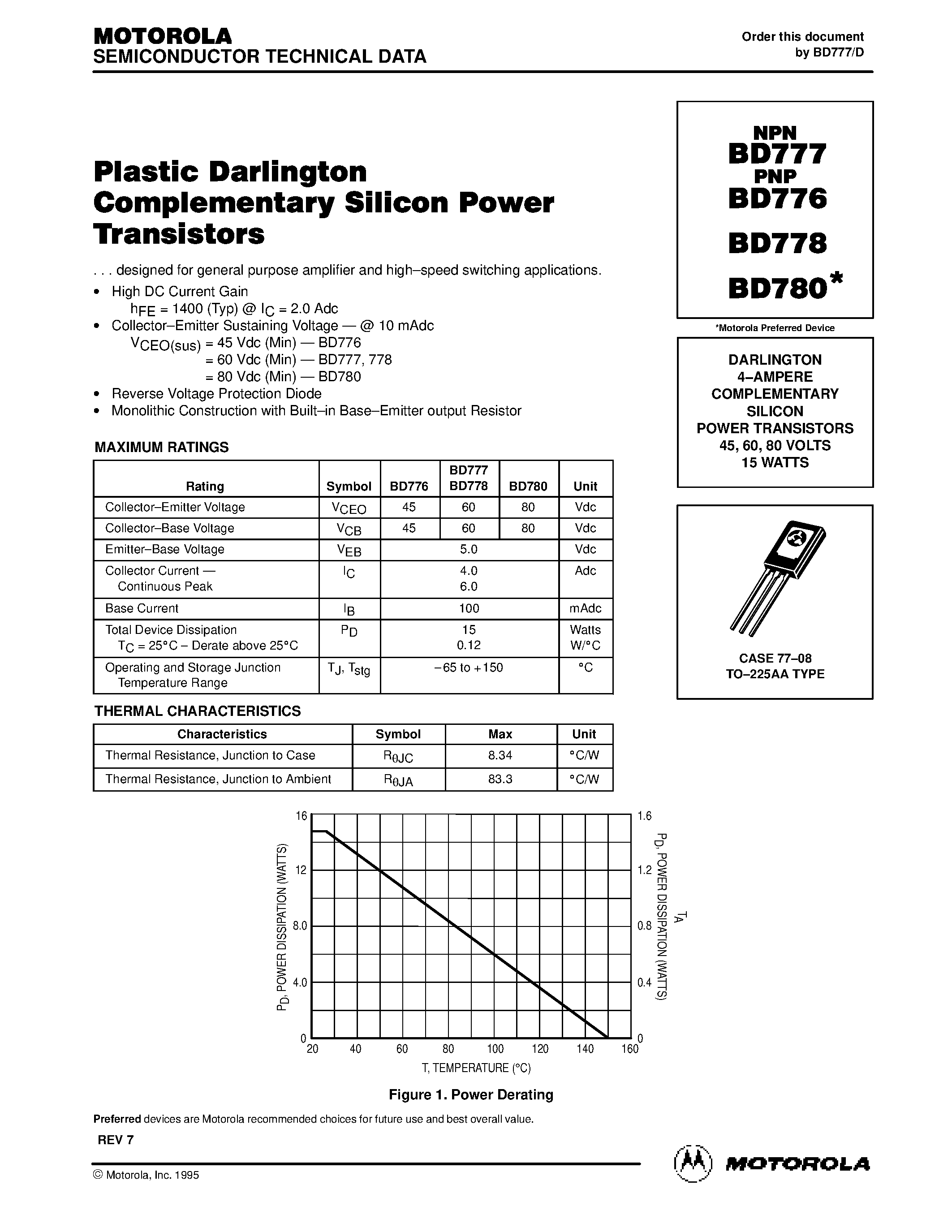 Даташит BD780 - DARLINGTON 4-AMPERE COMPLEMENTARY SILICON POWER TRANSISTORS 45/ 60/ 80 VOLTS 15 WATTS страница 1