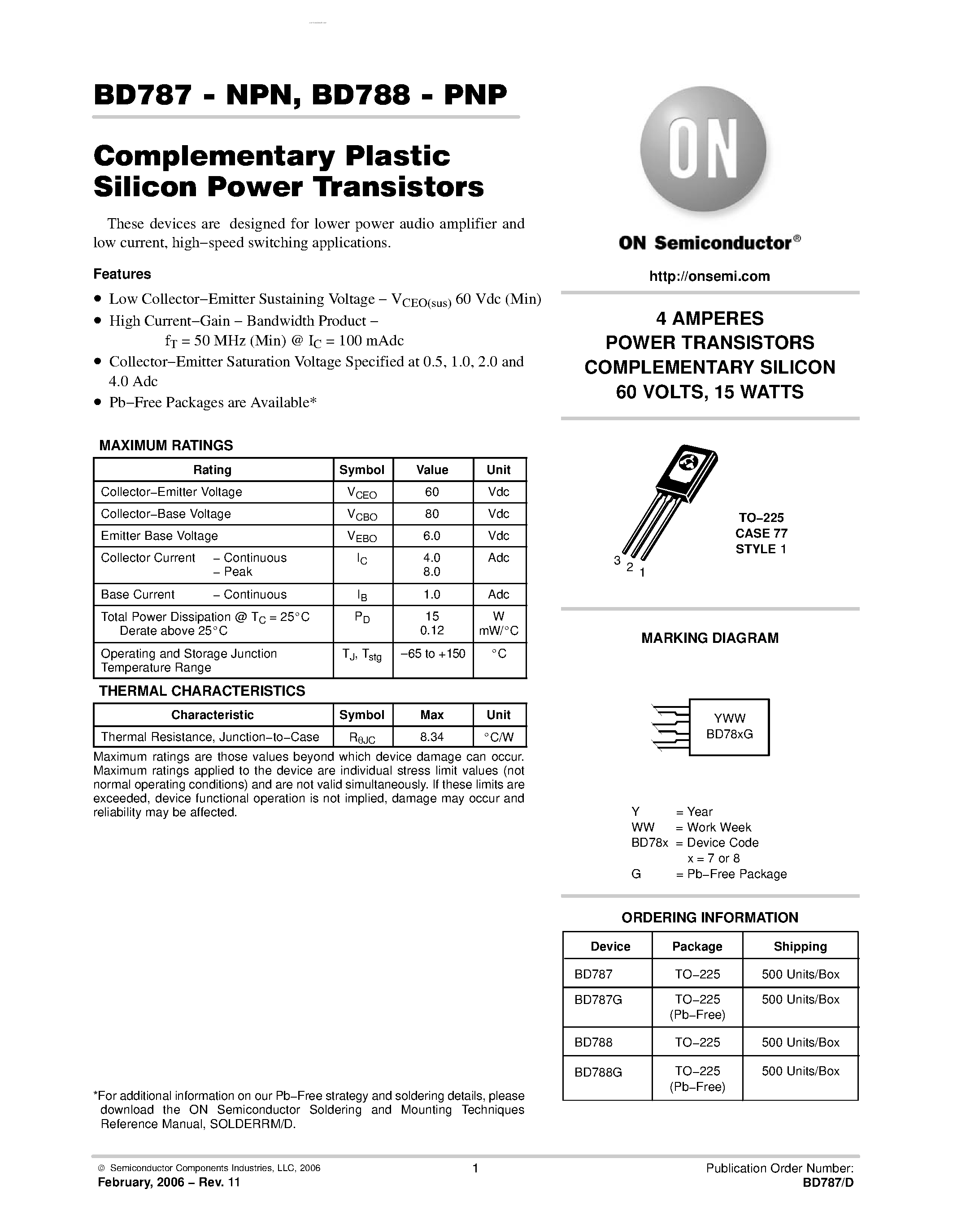 Даташит BD788 - POWER TRANSISTORS COMPLEMENTARY SILICON страница 1