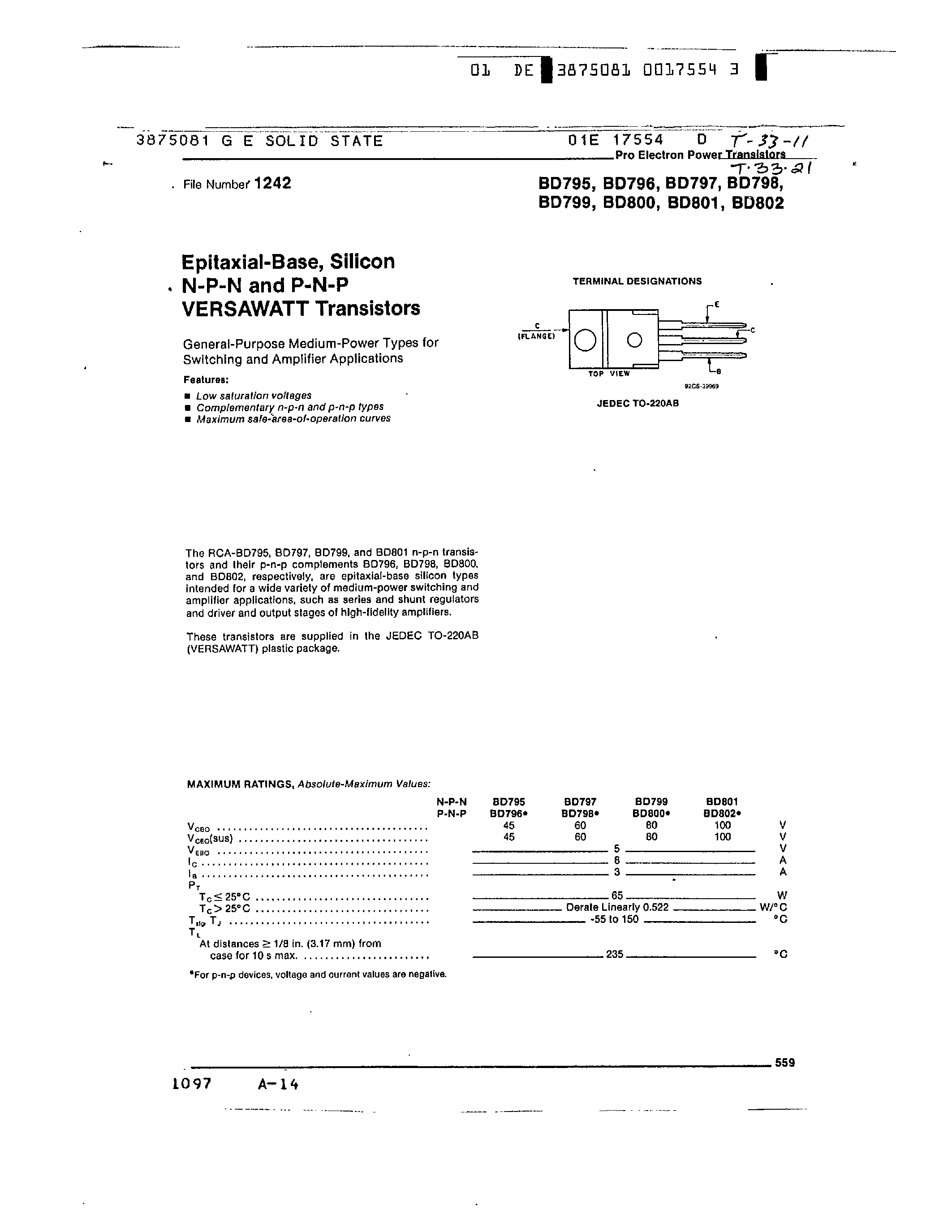 Даташит на микросхему BD797 страница 1 Даташит BD797 - EPITAXIAL-BASE/SILICON N-P-N AND P-N-P VERSAWATT TRANSISTORS страница 1